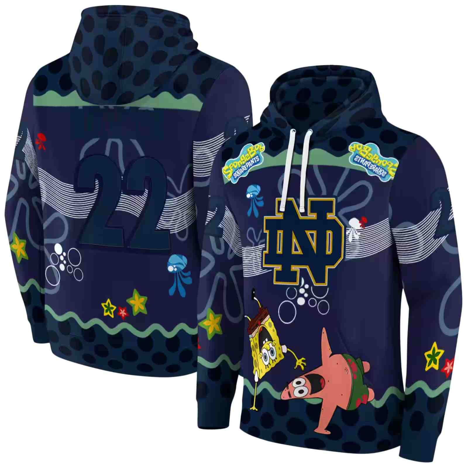 customized notre dame fighting irish spongebob patrick star navy hoodie fashion forward