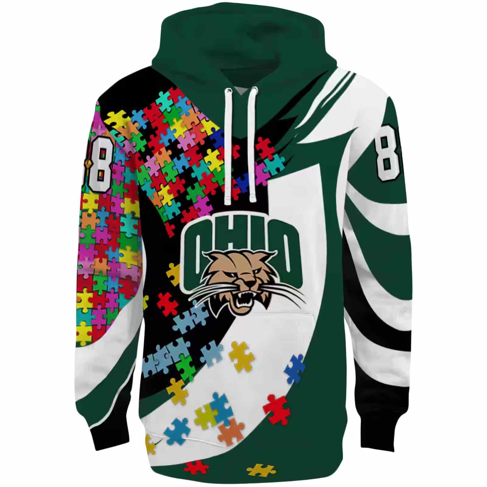 Customized Ohio Bobcats Puzzle Pieces Green Hoodie