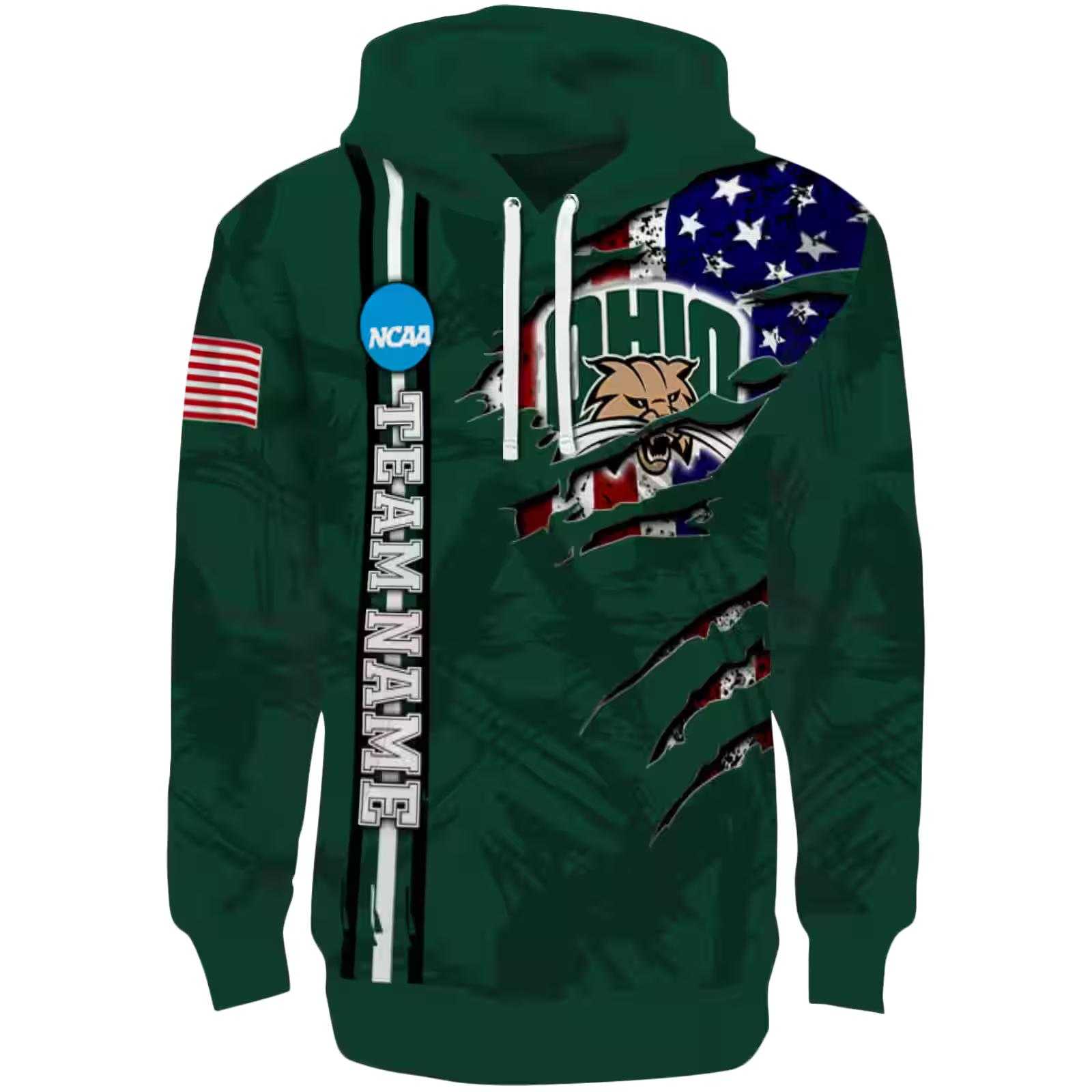 Customized Ohio Bobcats Ripped Flag Green Hoodie