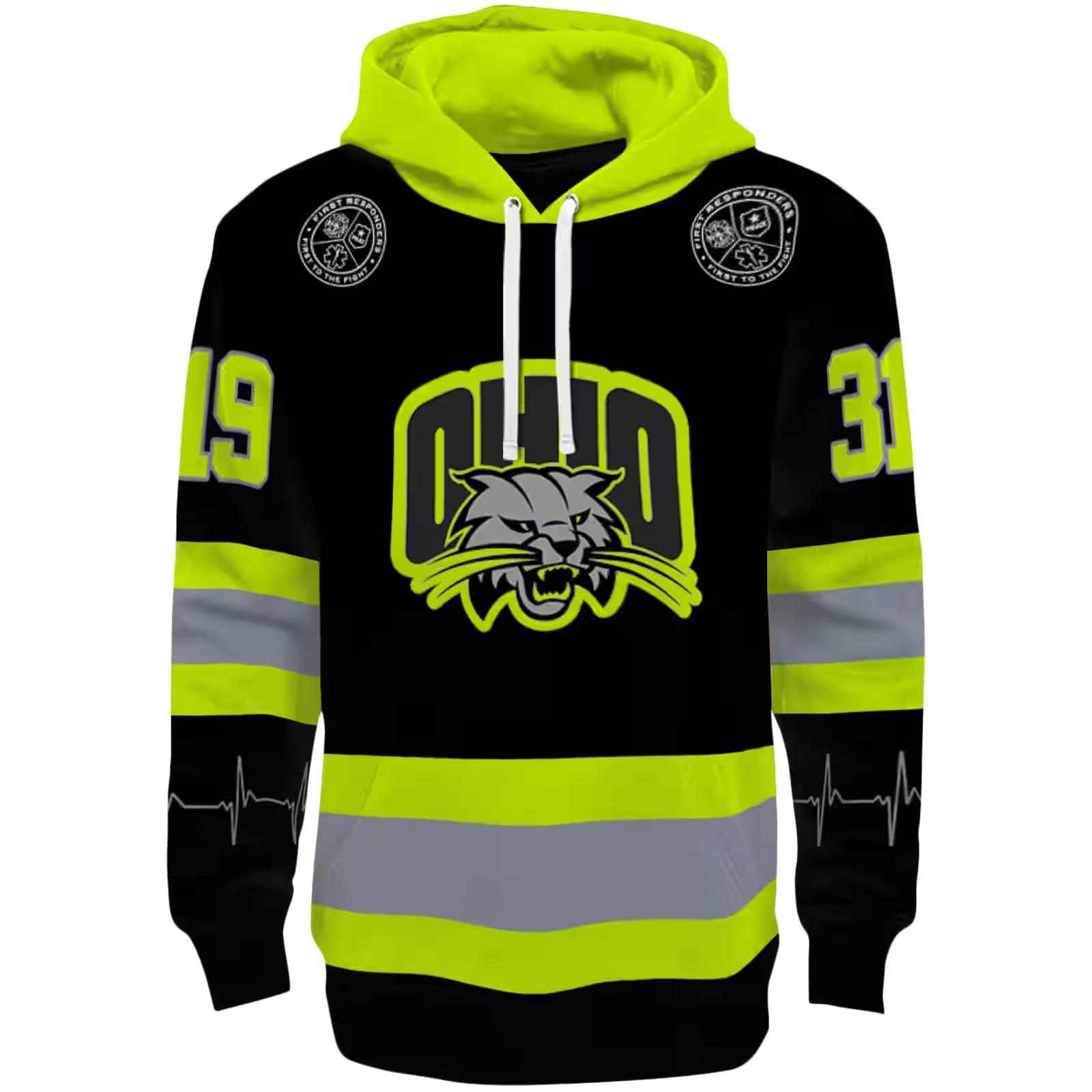 Customized Ohio Bobcats Safety Motif Black Neon Green Hoodie