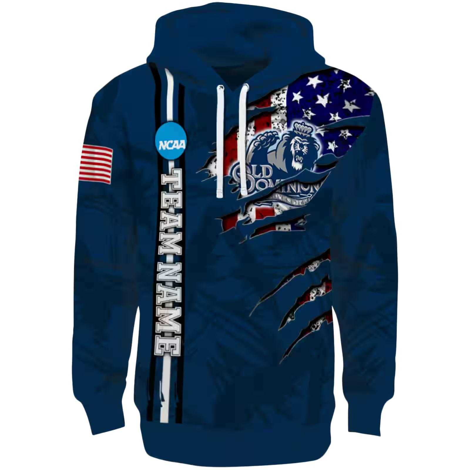 Customized Old Dominion Monarchs Ripped Flag Blue Hoodie