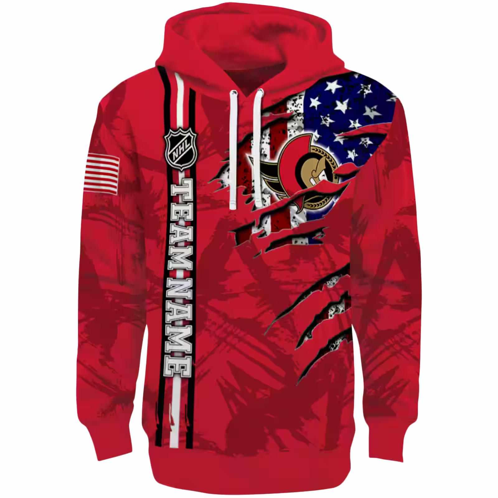 Customized Ottawa Senators Ripped Flag Red Hoodie