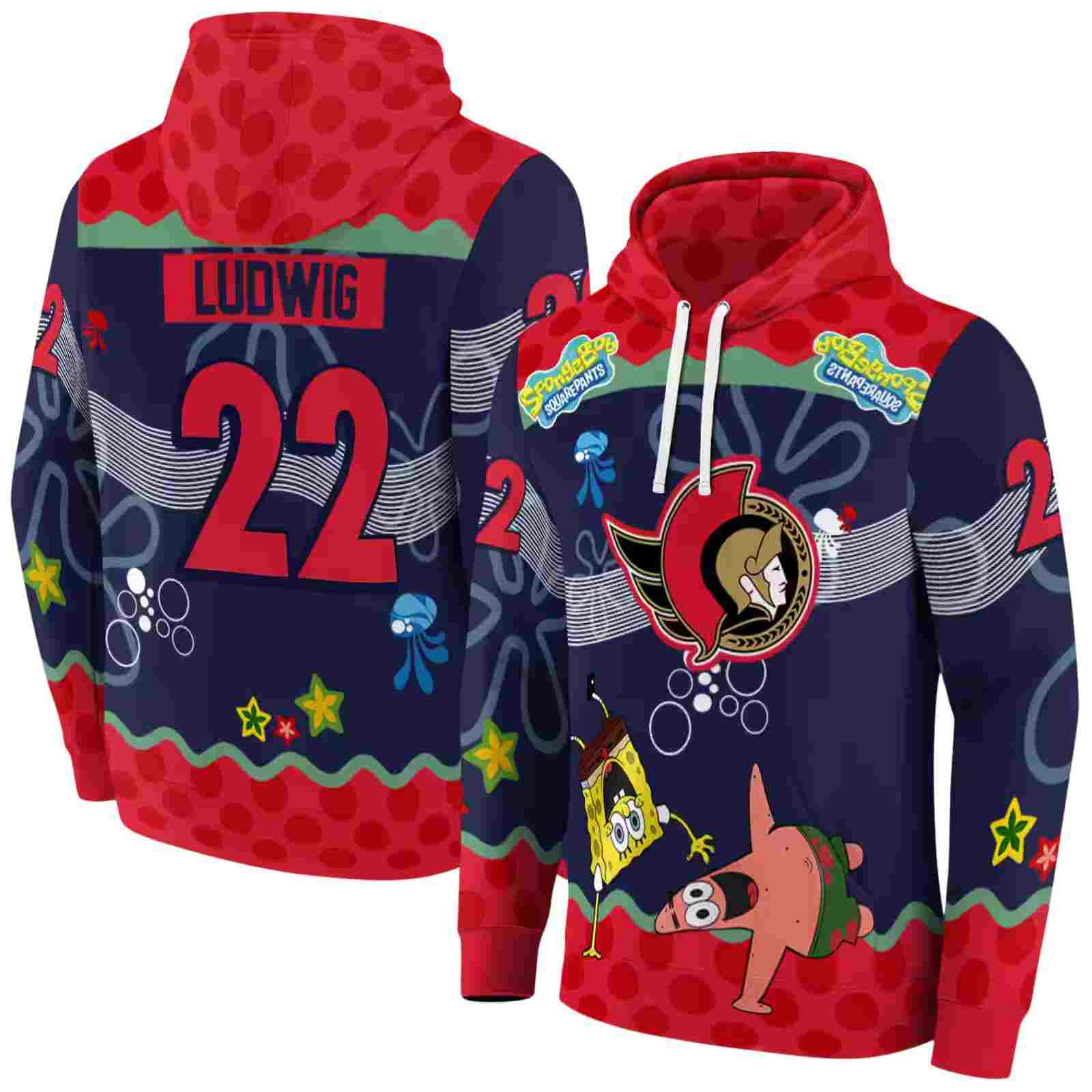 customized ottawa senators spongebob patrick star red navy hoodie fashion forward