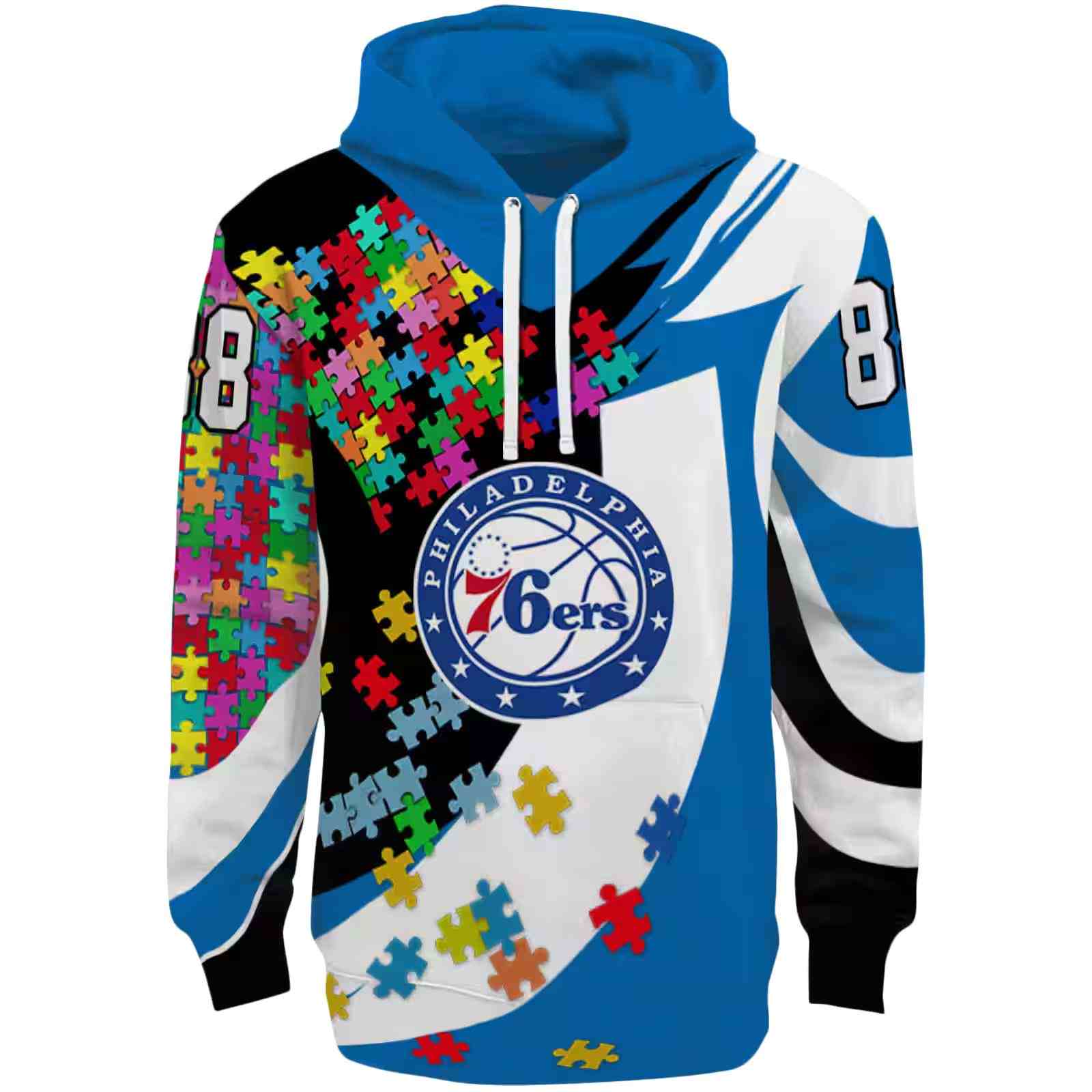 Customized Philadelphia 76ers Puzzle Pieces Blue Hoodie