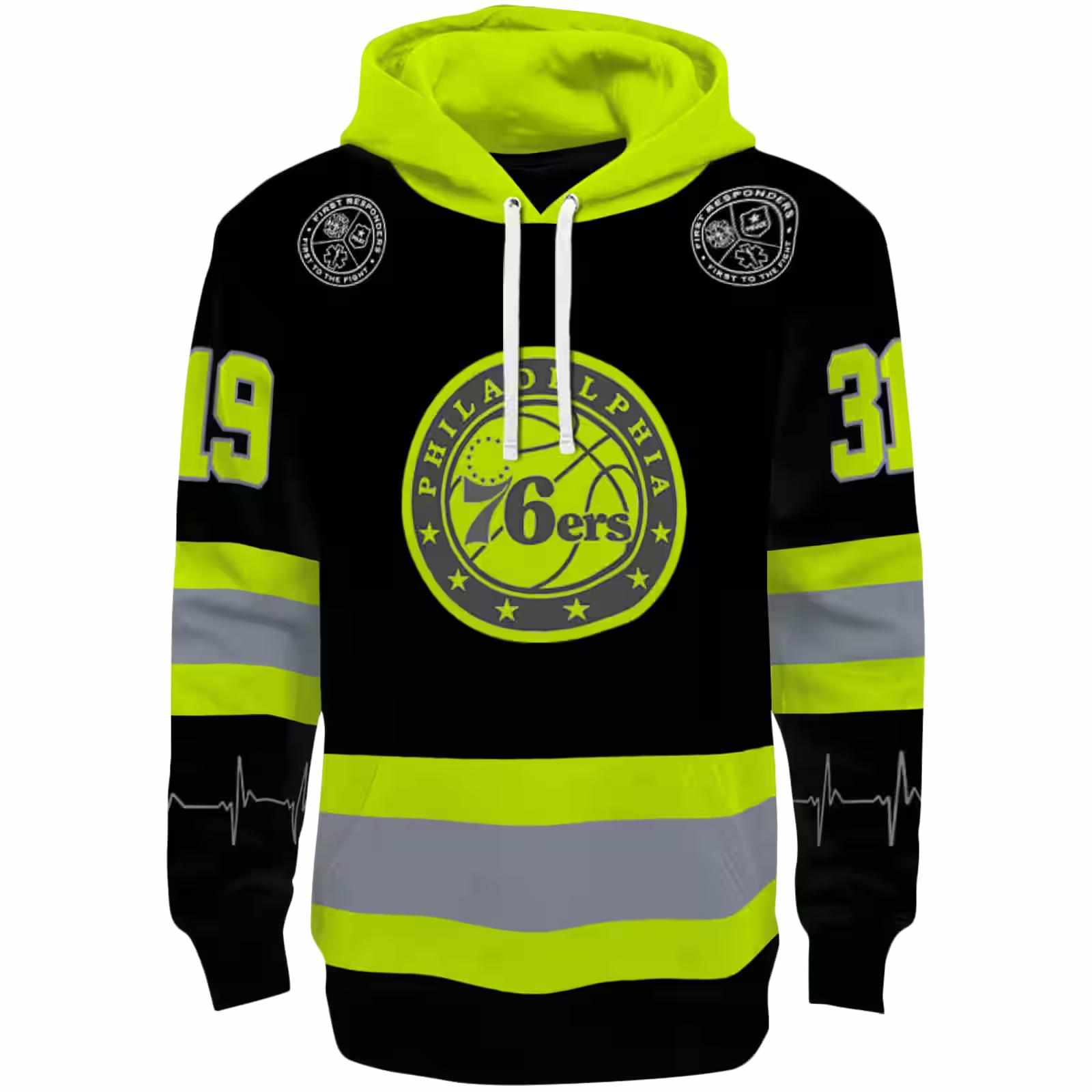 Customized Philadelphia 76ers Safety Motif Black Neon Green Hoodie