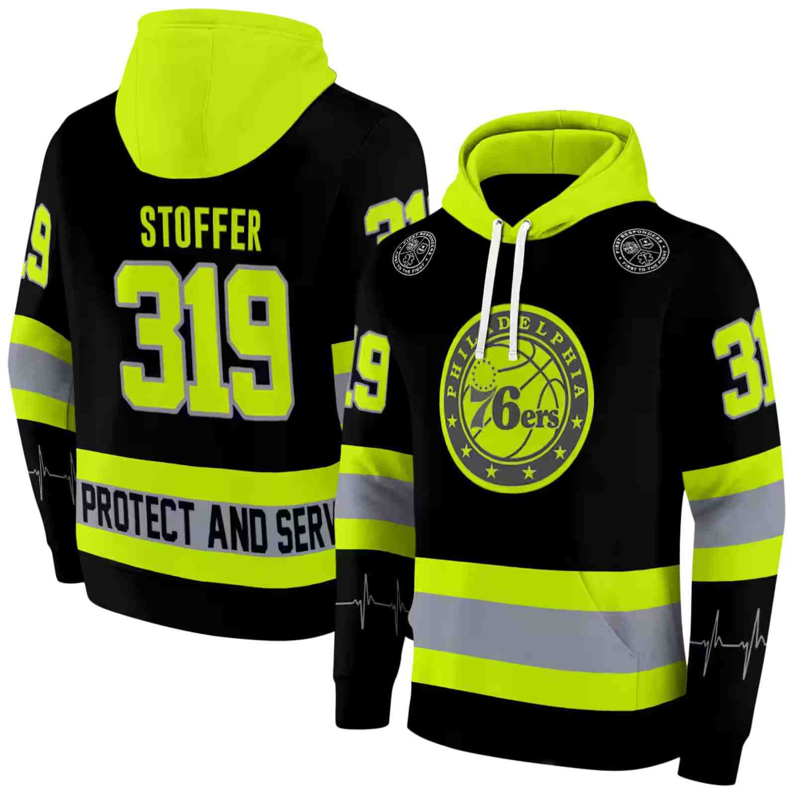 customized philadelphia 76ers safety motif black neon green hoodie fashion forward