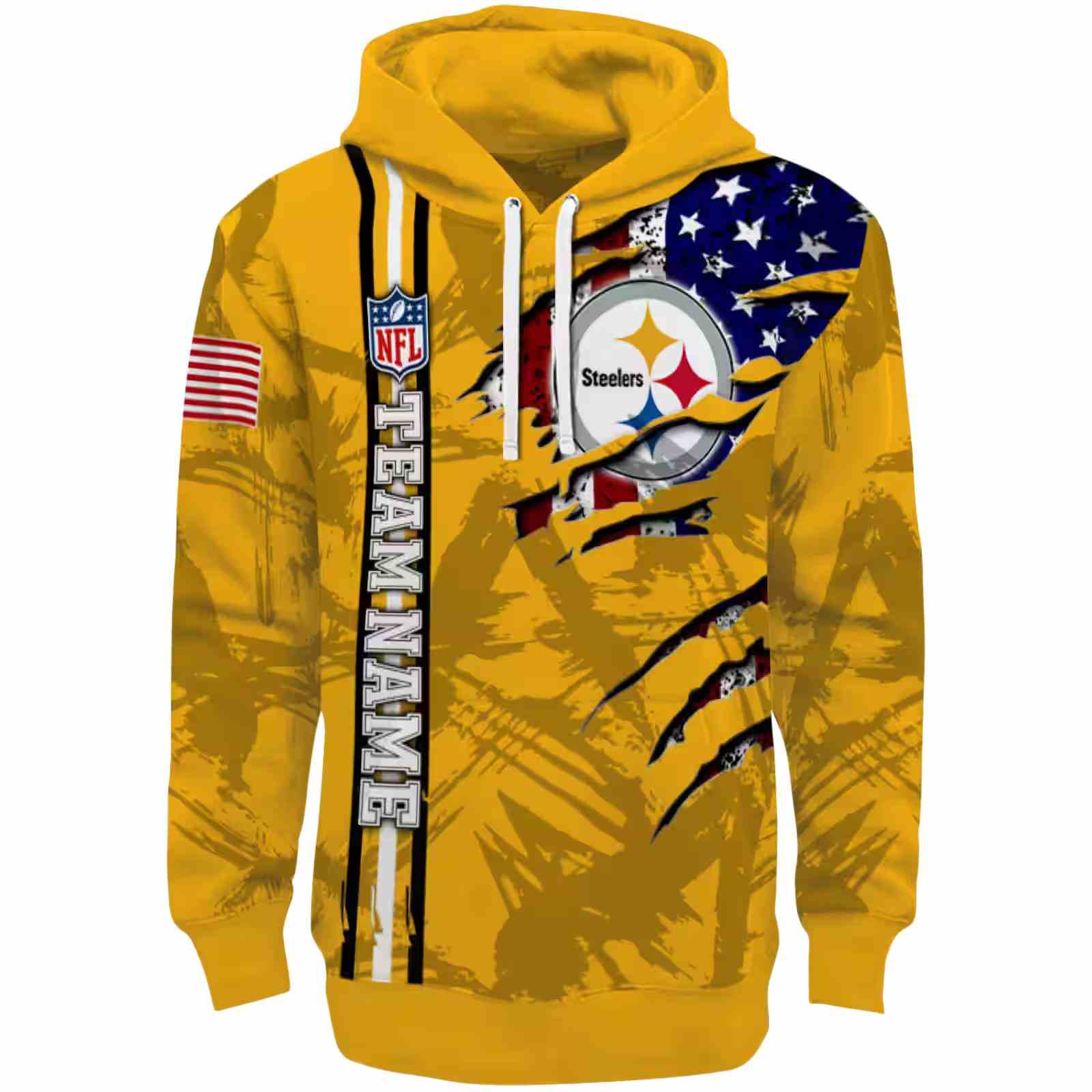 Customized Pittsburgh Steelers Ripped Flag Gold Hoodie