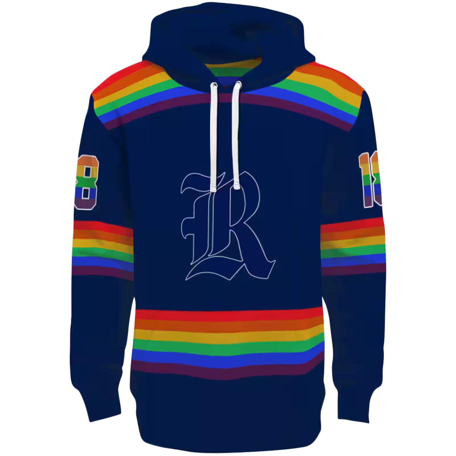 Customized Rice Owls Rainbow Stripes Navy Blue Hoodie