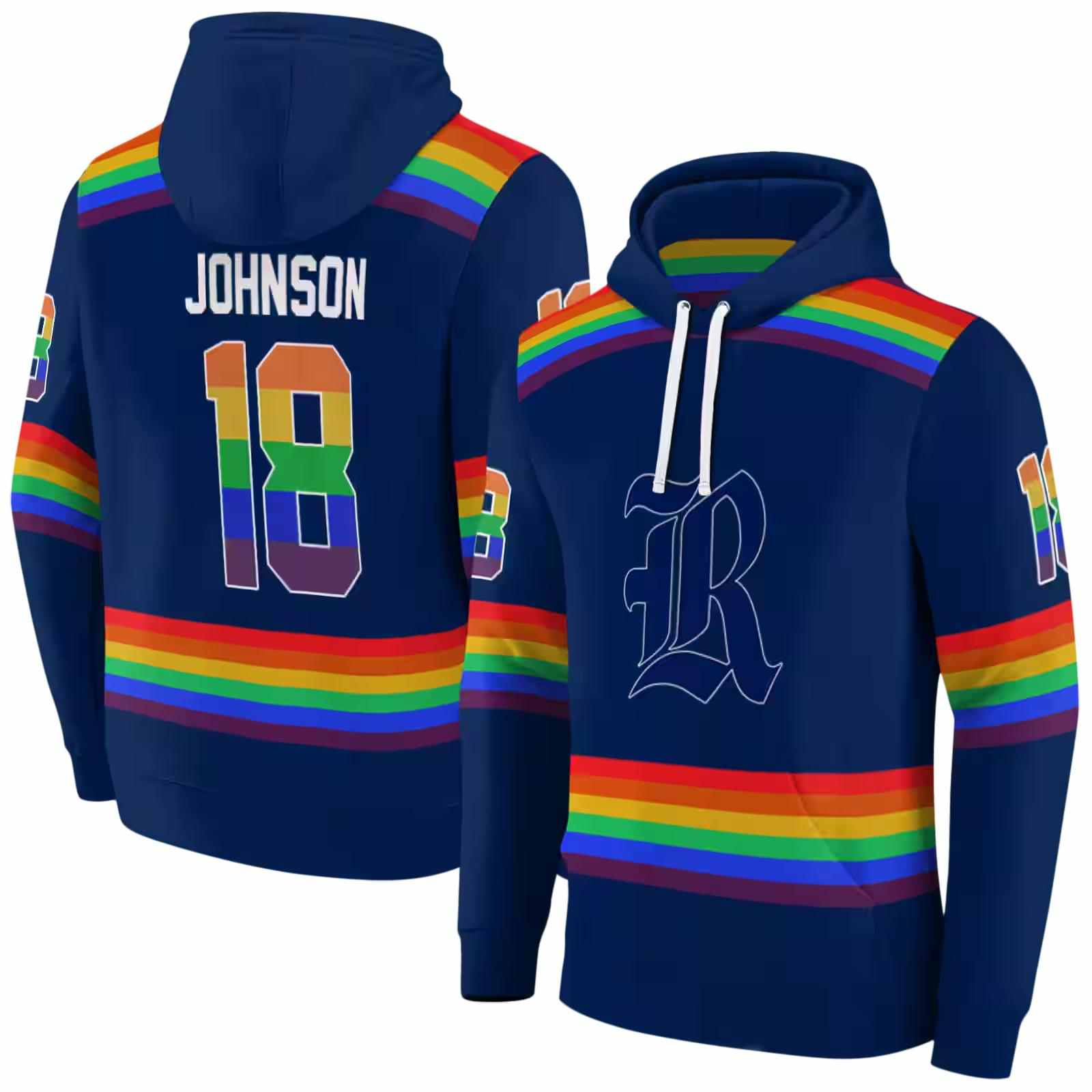 customized rice owls rainbow stripes navy blue hoodie fashion forward