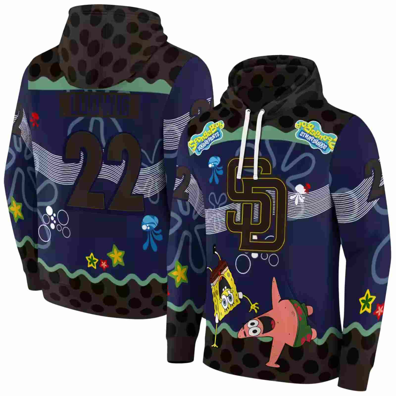 customized san diego padres spongebob patrick star brown navy hoodie fashion forward