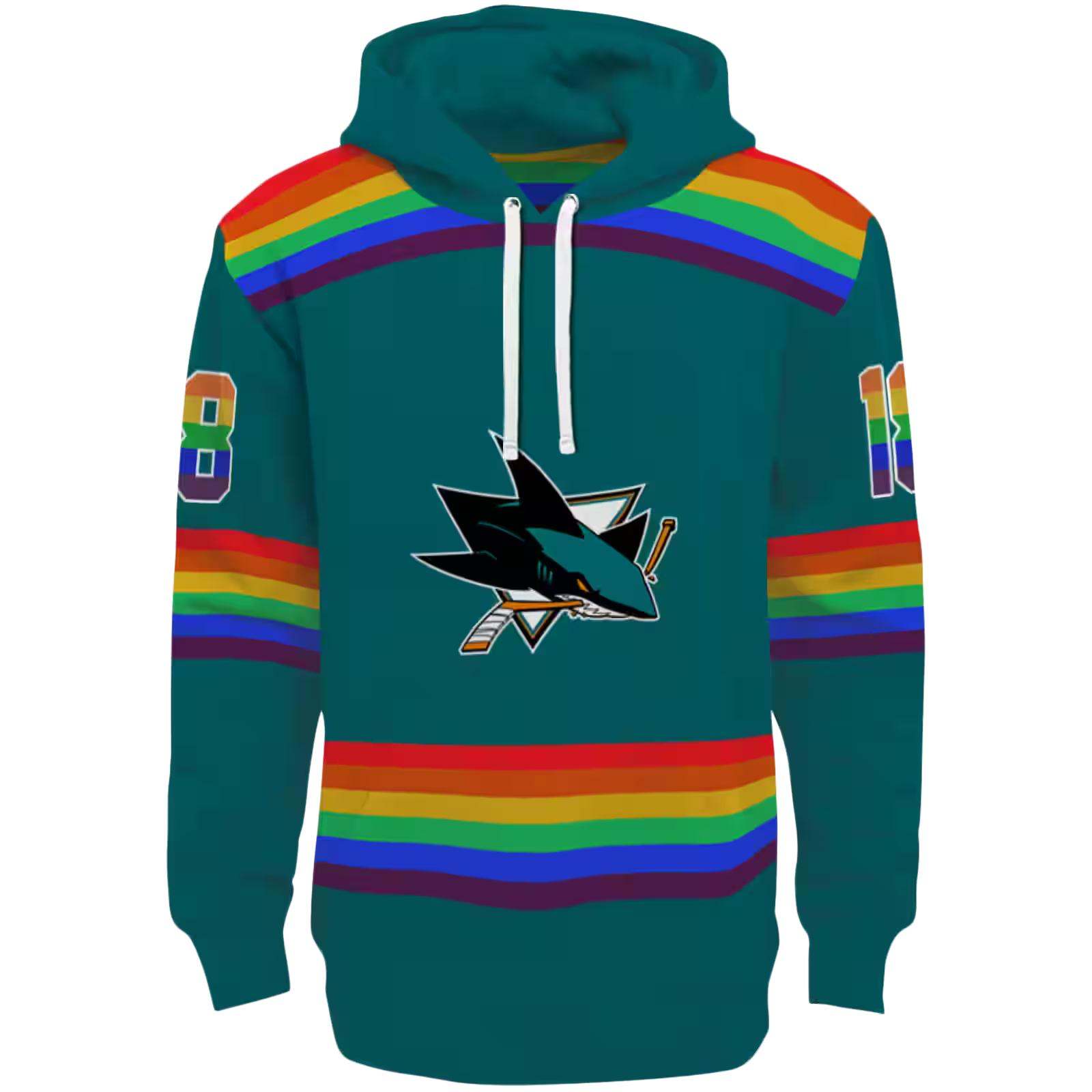 Customized San Jose Sharks Rainbow Stripes Teal Hoodie