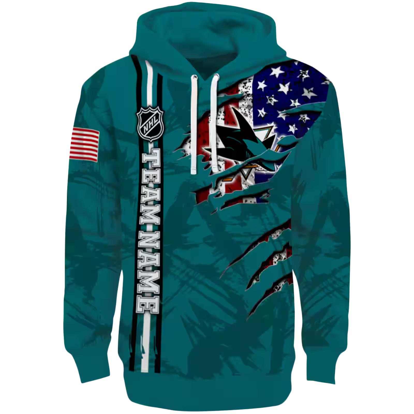 Customized San Jose Sharks Ripped Flag Teal Hoodie