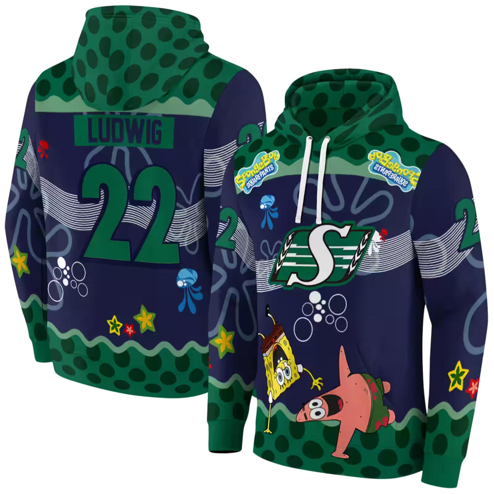 customized saskatchewan roughriders spongebob patrick star green navy hoodie fashion forward