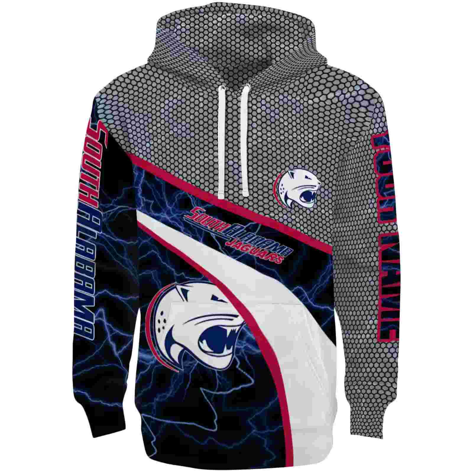 Customized South Alabama Jaguars Hexagonal Mesh Blue Black Gray Hoodie