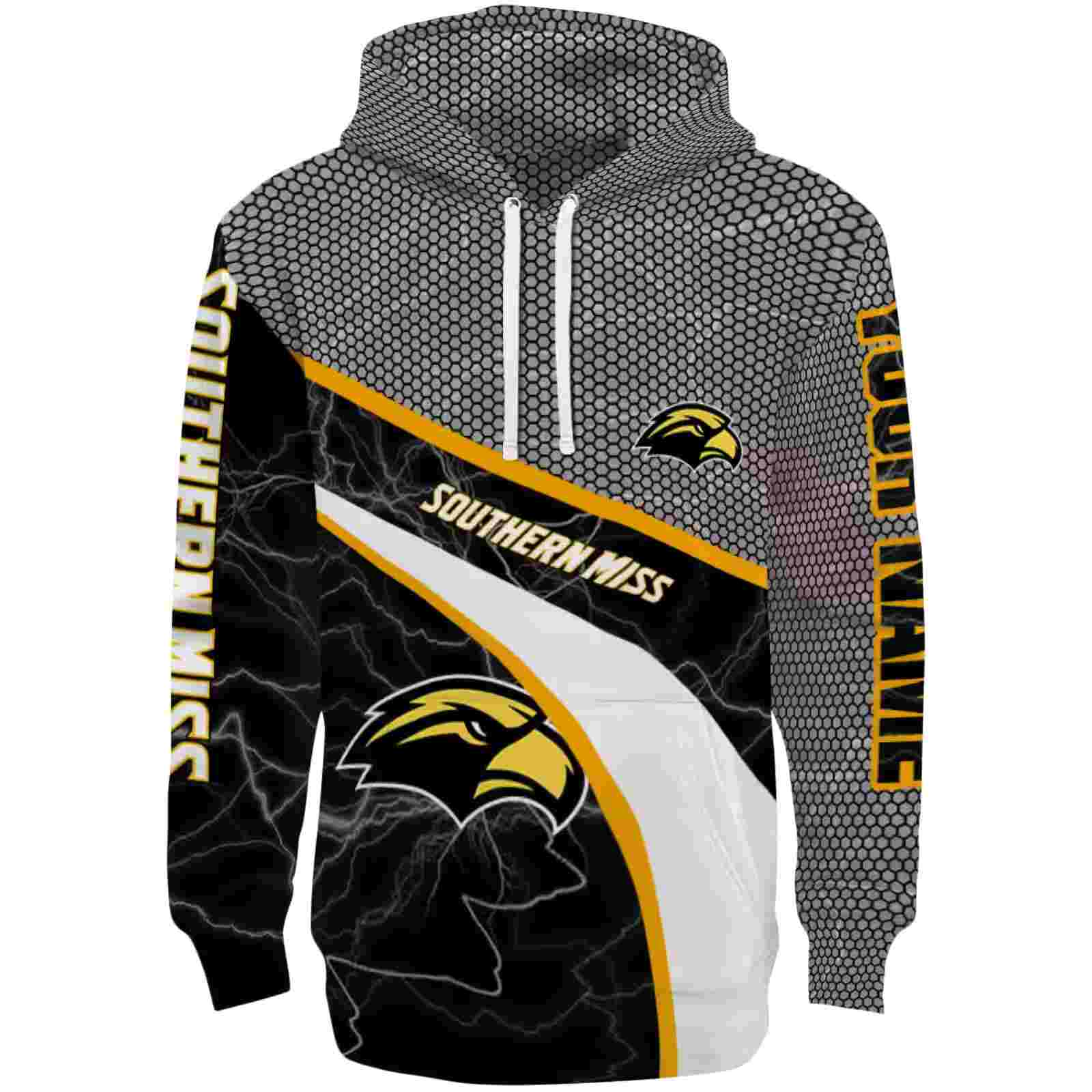 Customized Southern Miss Golden Eagles Hexagonal Mesh Black Gray Hoodie