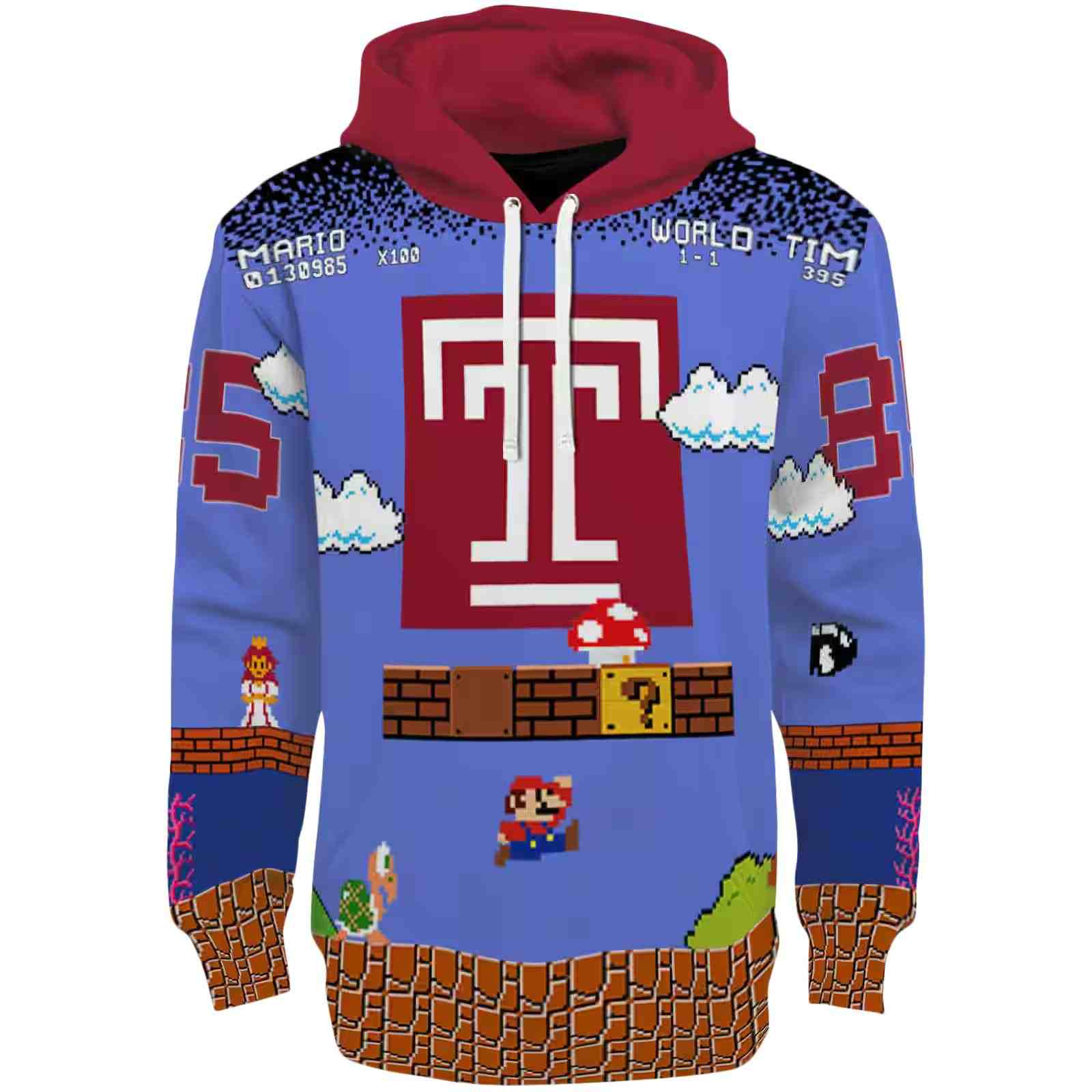 Customized Temple Owls Mario Blue Black Hoodie