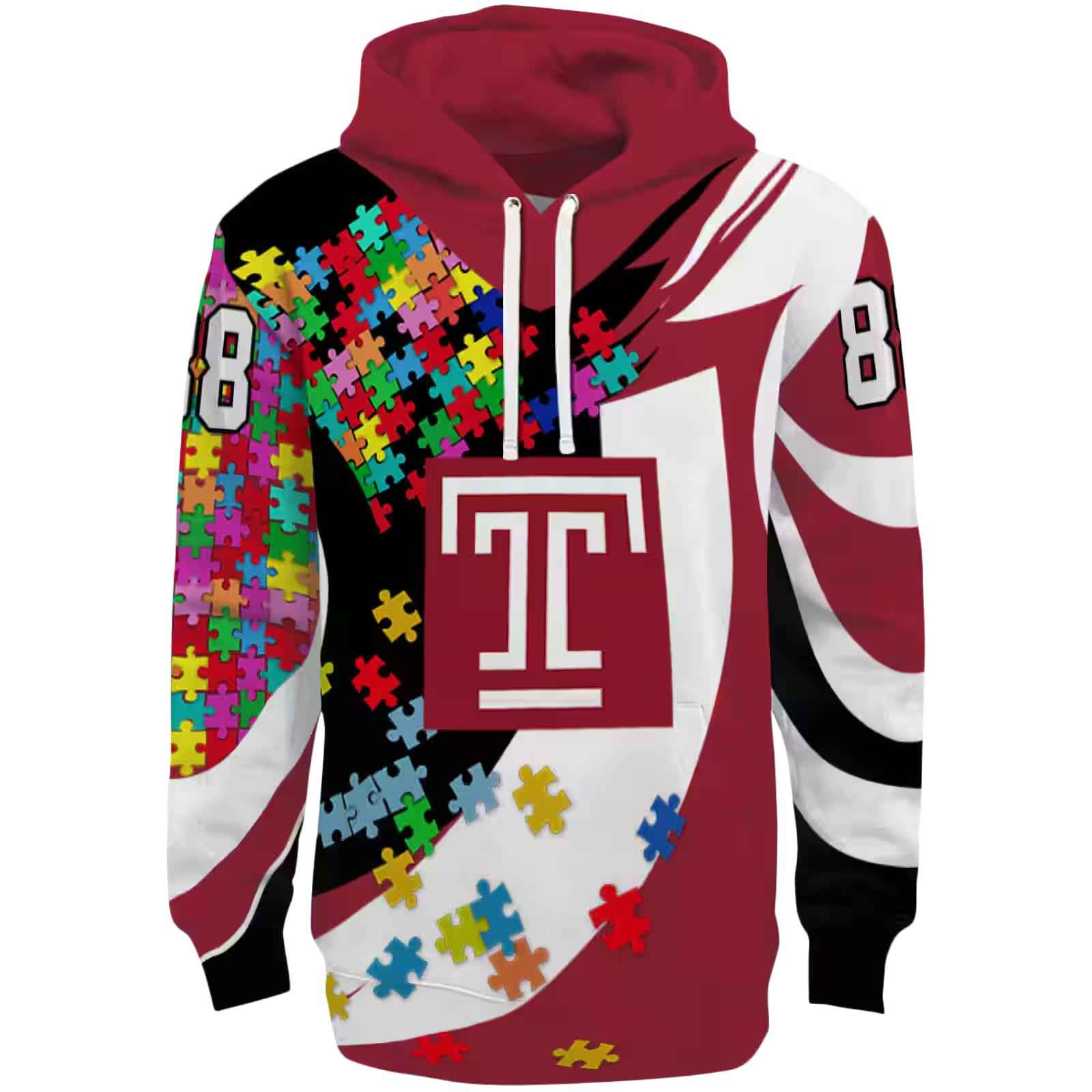 Customized Temple Owls Puzzle Pieces Red Hoodie