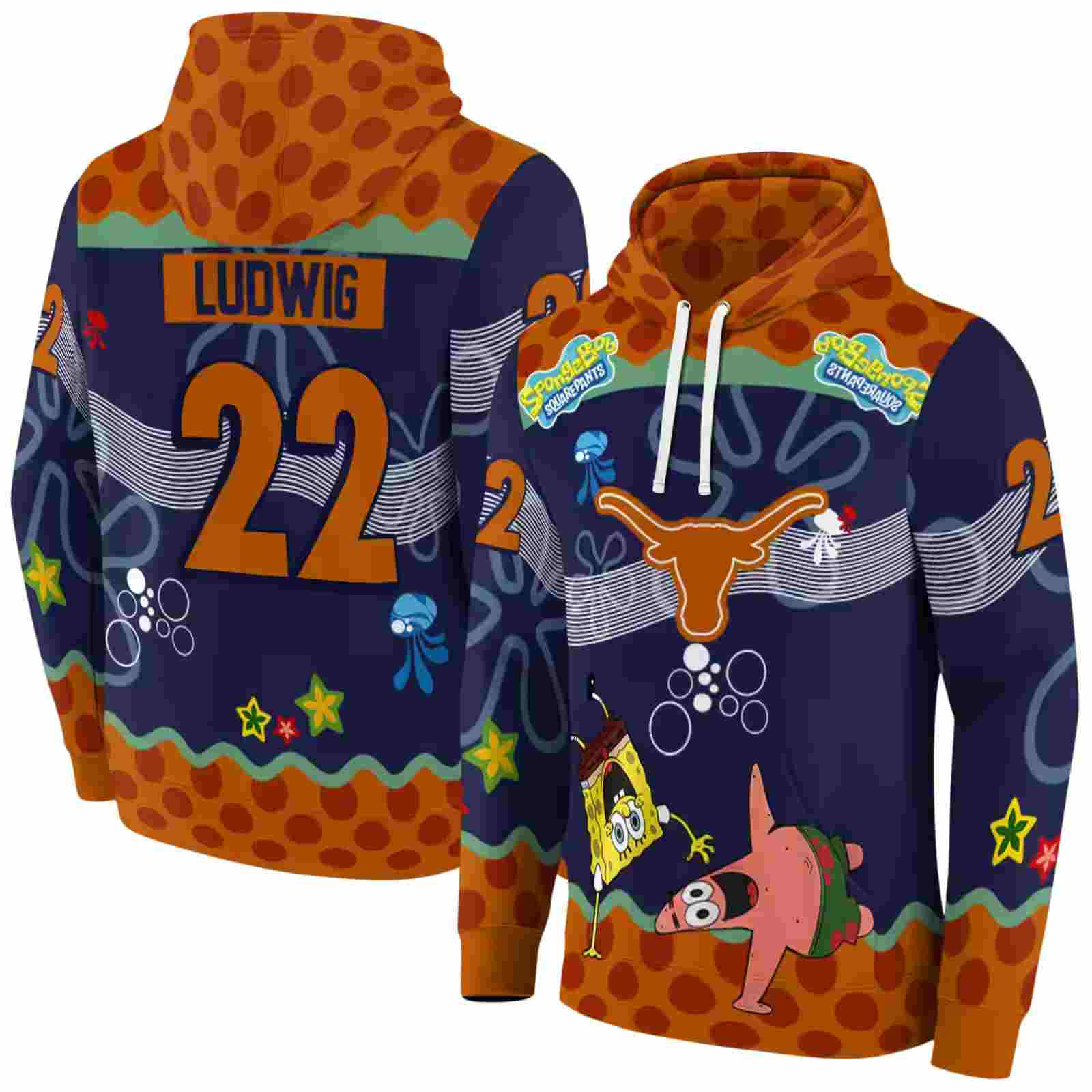 customized texas longhorns spongebob patrick star orange navy hoodie fashion forward