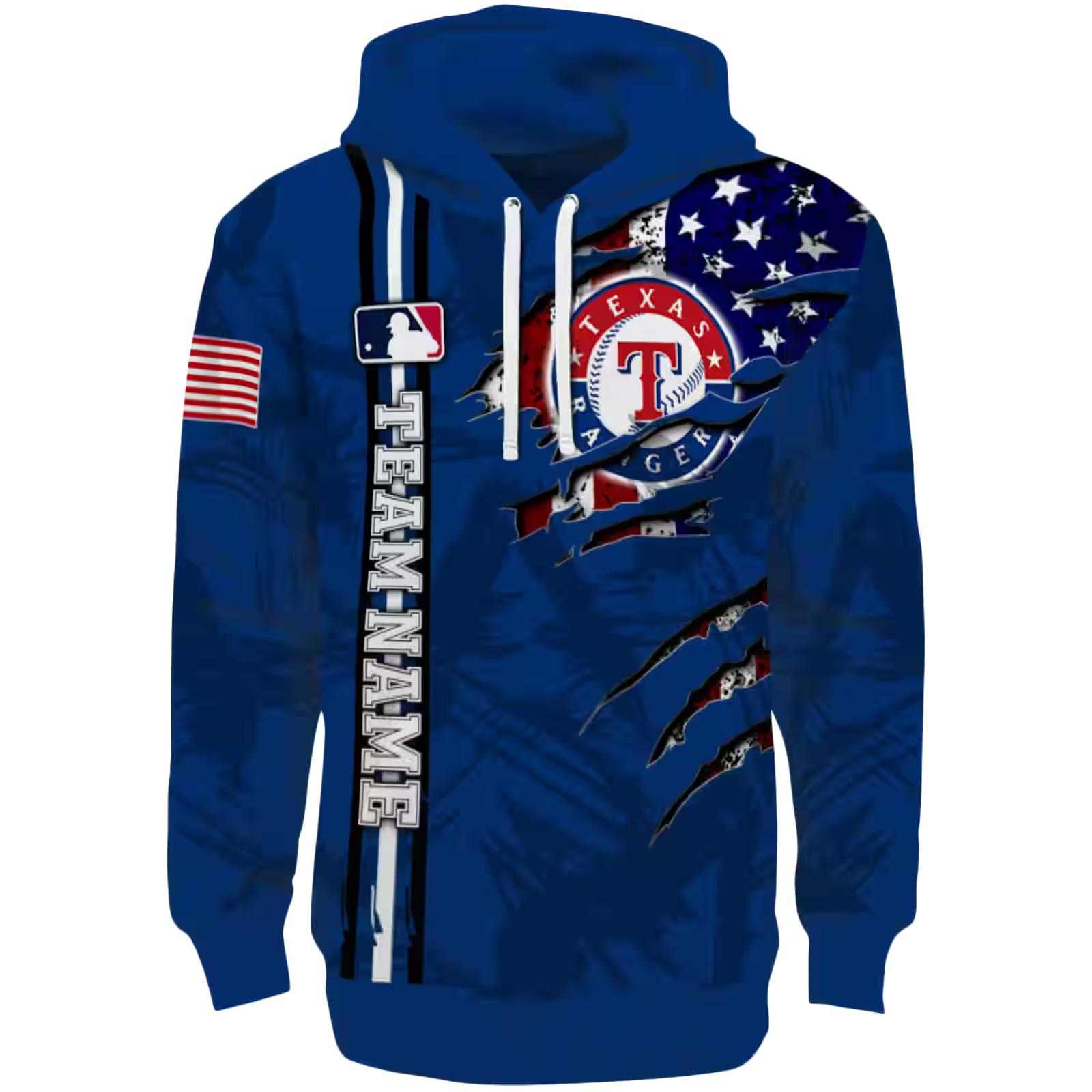 Customized Texas Rangers Ripped Flag Blue Hoodie