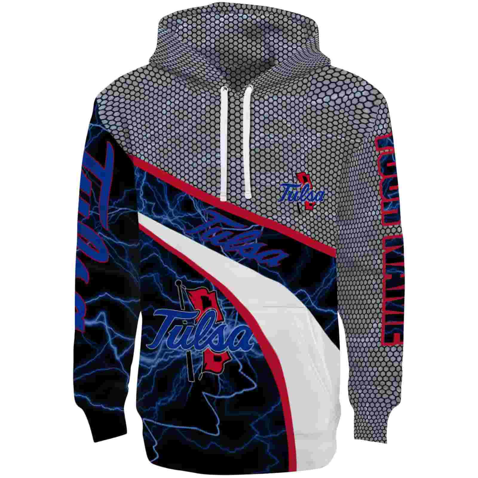 Customized Tulsa Golden Hurricane Hexagonal Mesh Blue Black Gray Hoodie