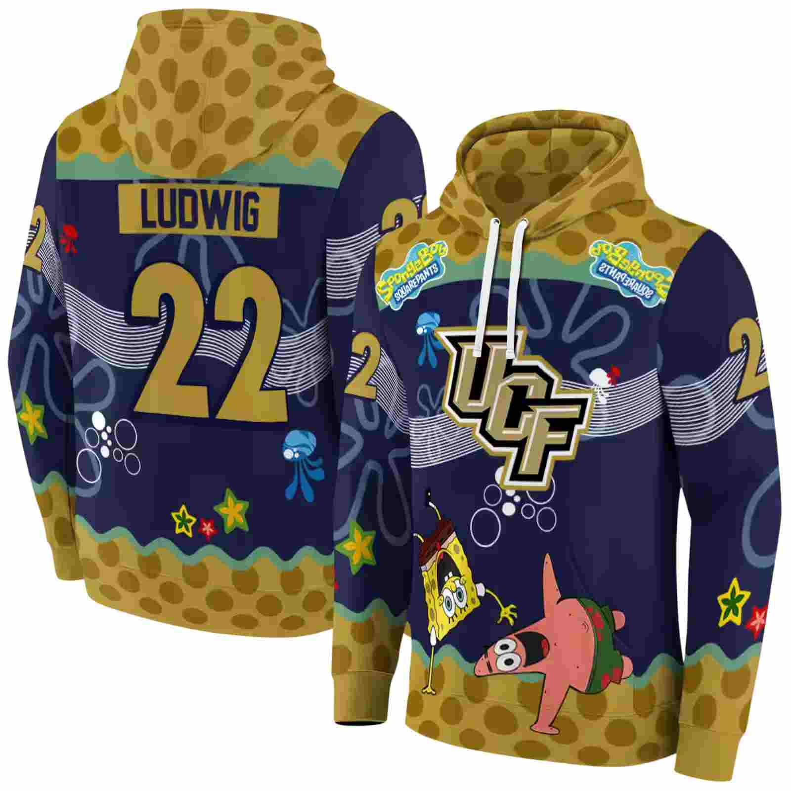 customized ucf knights spongebob patrick star gold navy hoodie fashion forward