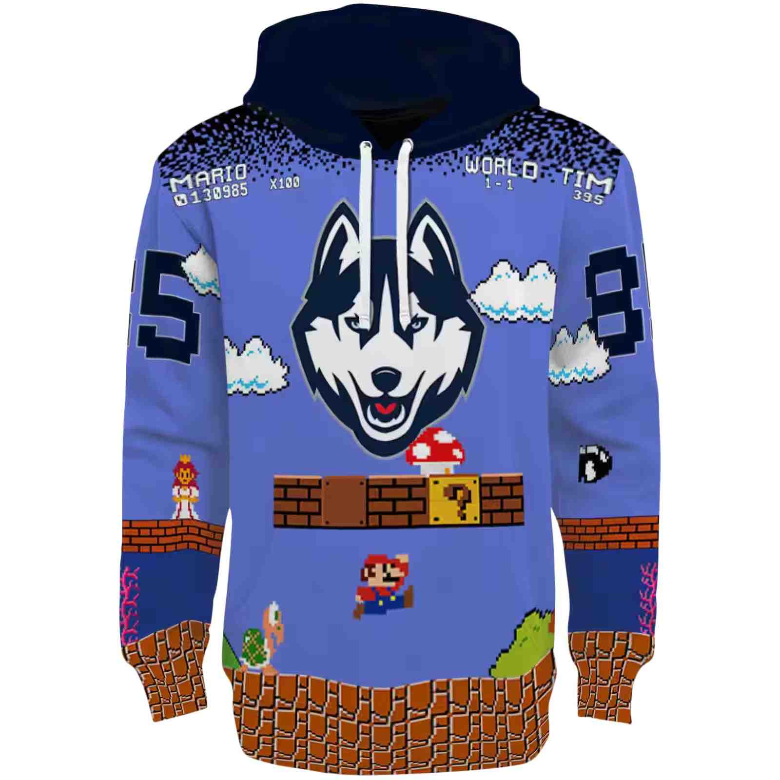 Customized UConn Huskies Mario Blue Black Hoodie