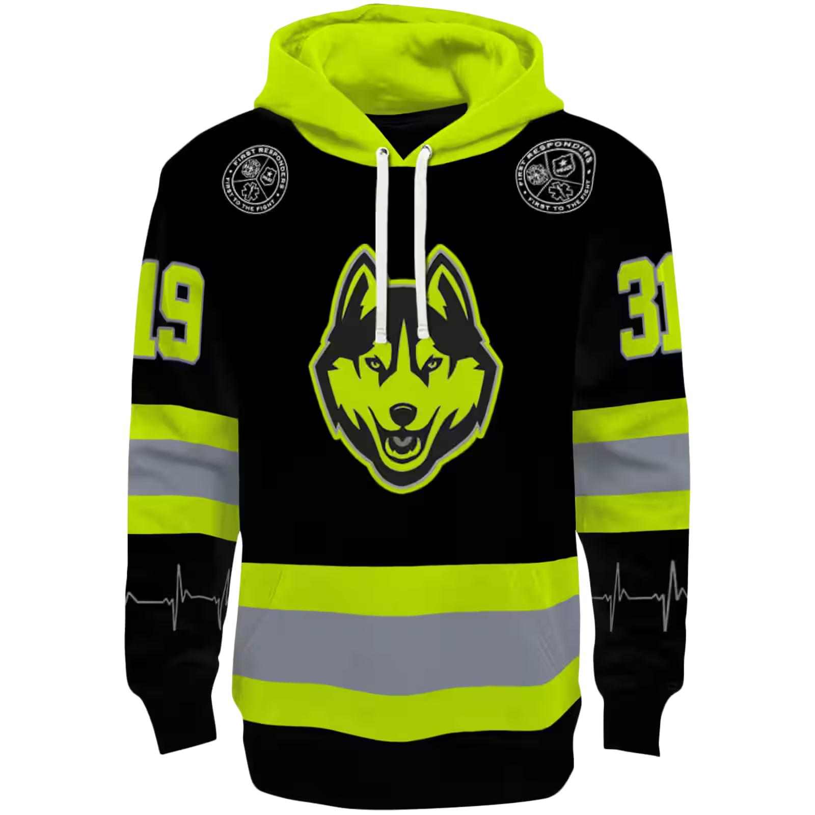 Customized UConn Huskies Safety Motif Black Neon Green Hoodie