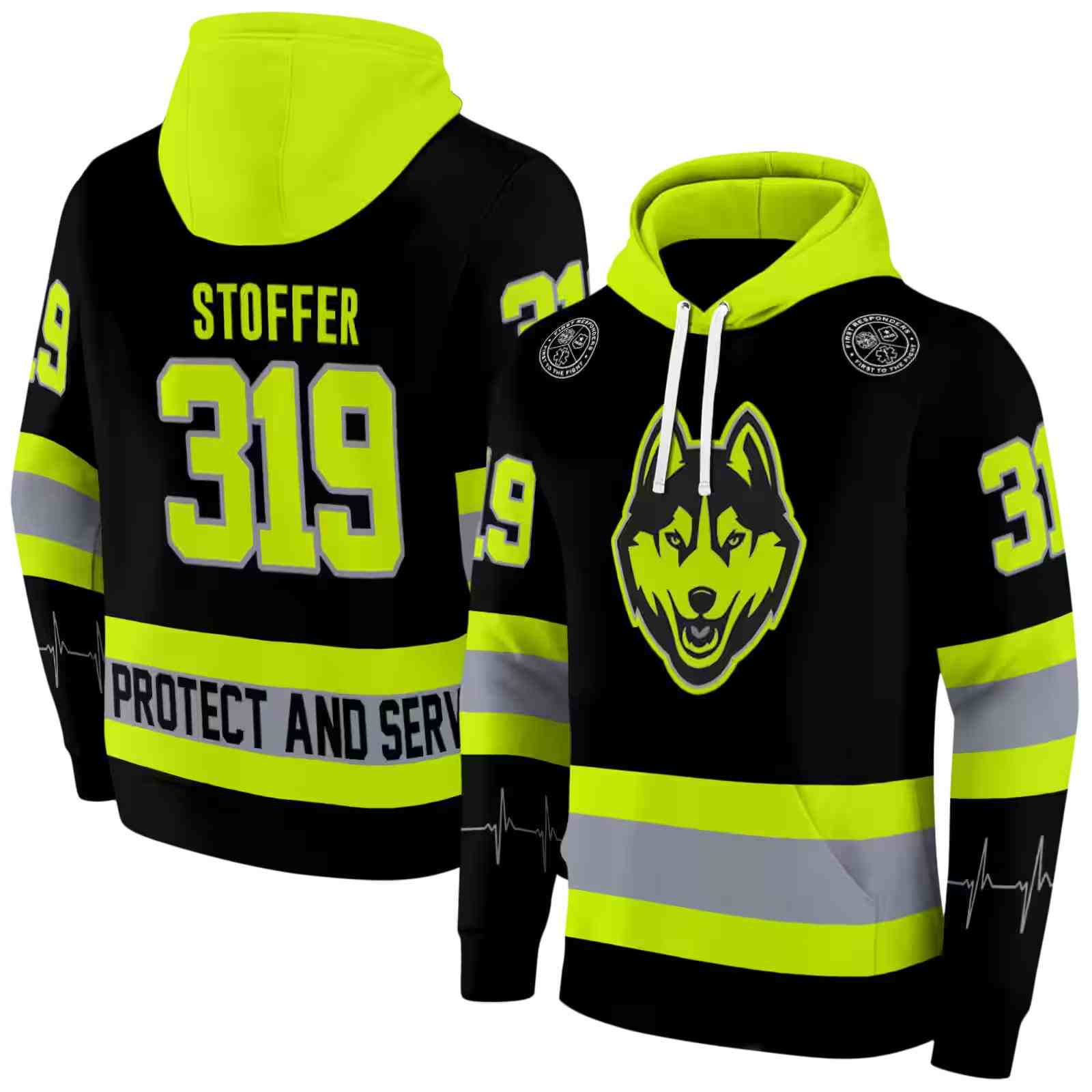 customized uconn huskies safety motif black neon green hoodie fashion forward