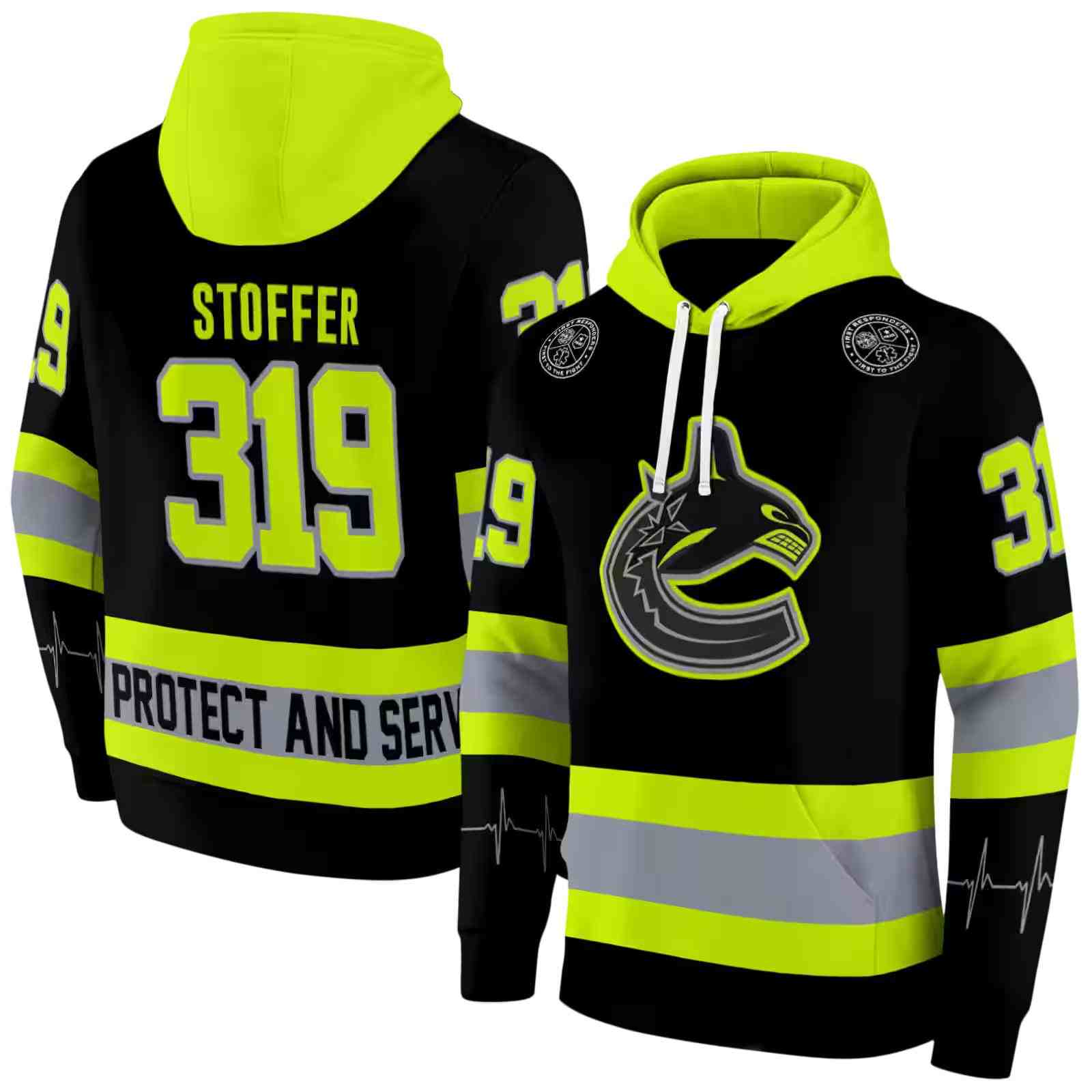 customized vancouver canucks safety motif black neon green hoodie fashion forward