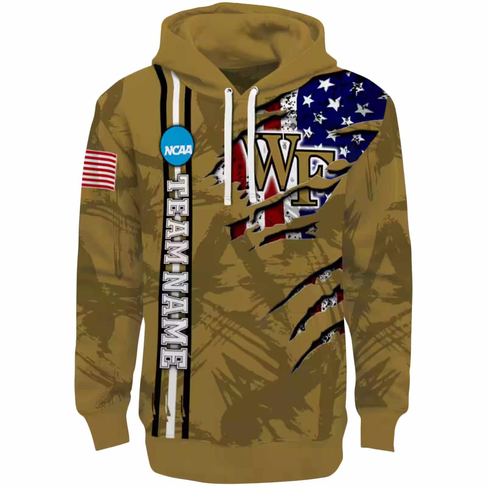 Customized Wake Forest Demon Deacons Ripped Flag Gold Hoodie