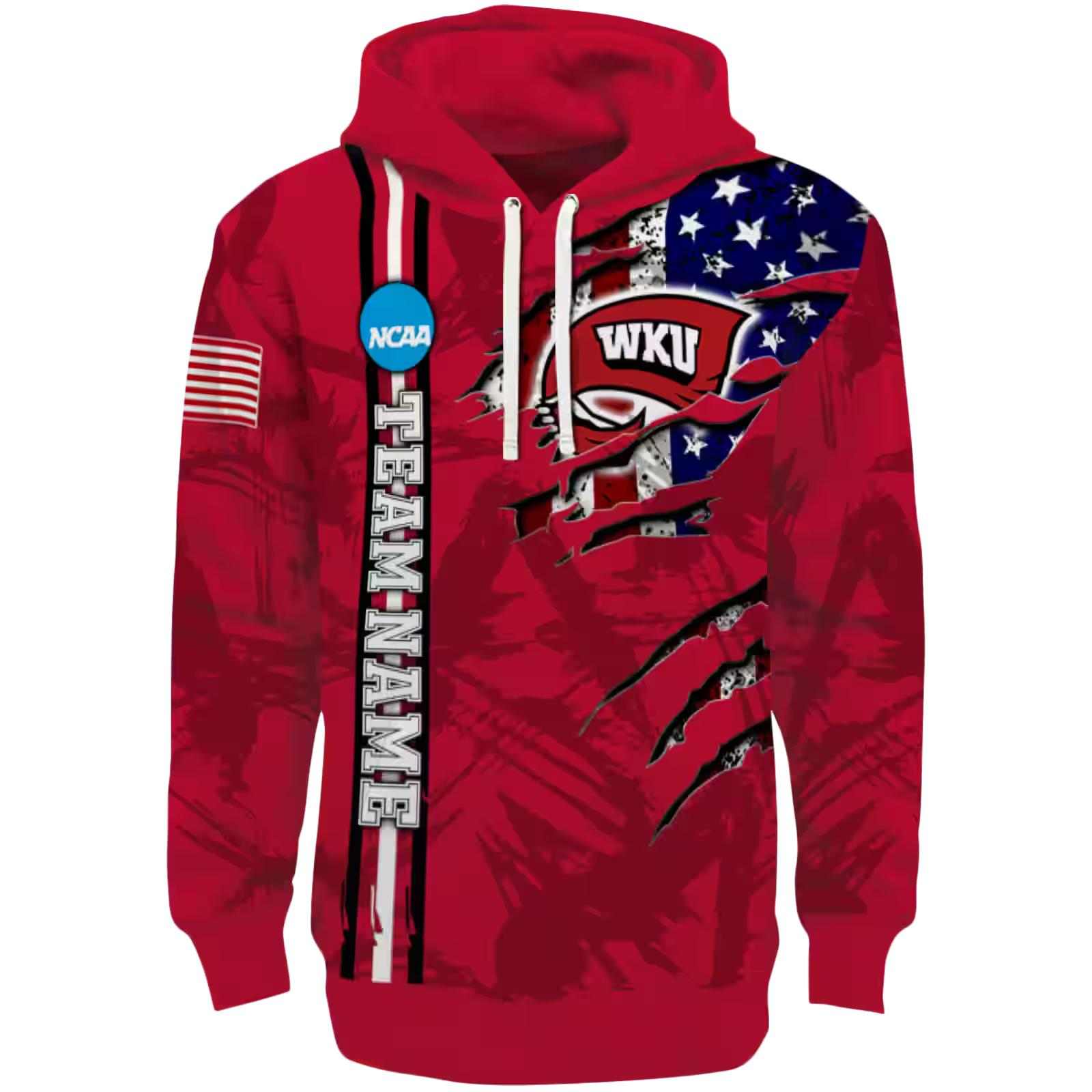 Customized Western Kentucky Hilltoppers Ripped Flag Red Hoodie