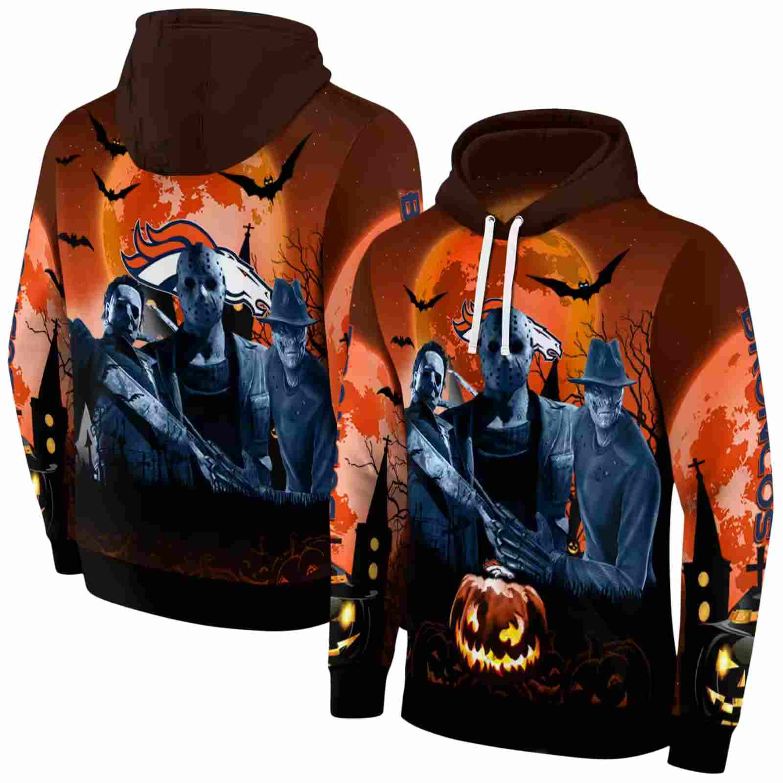 denver broncos halloween vibes orange black hoodie fashion forward