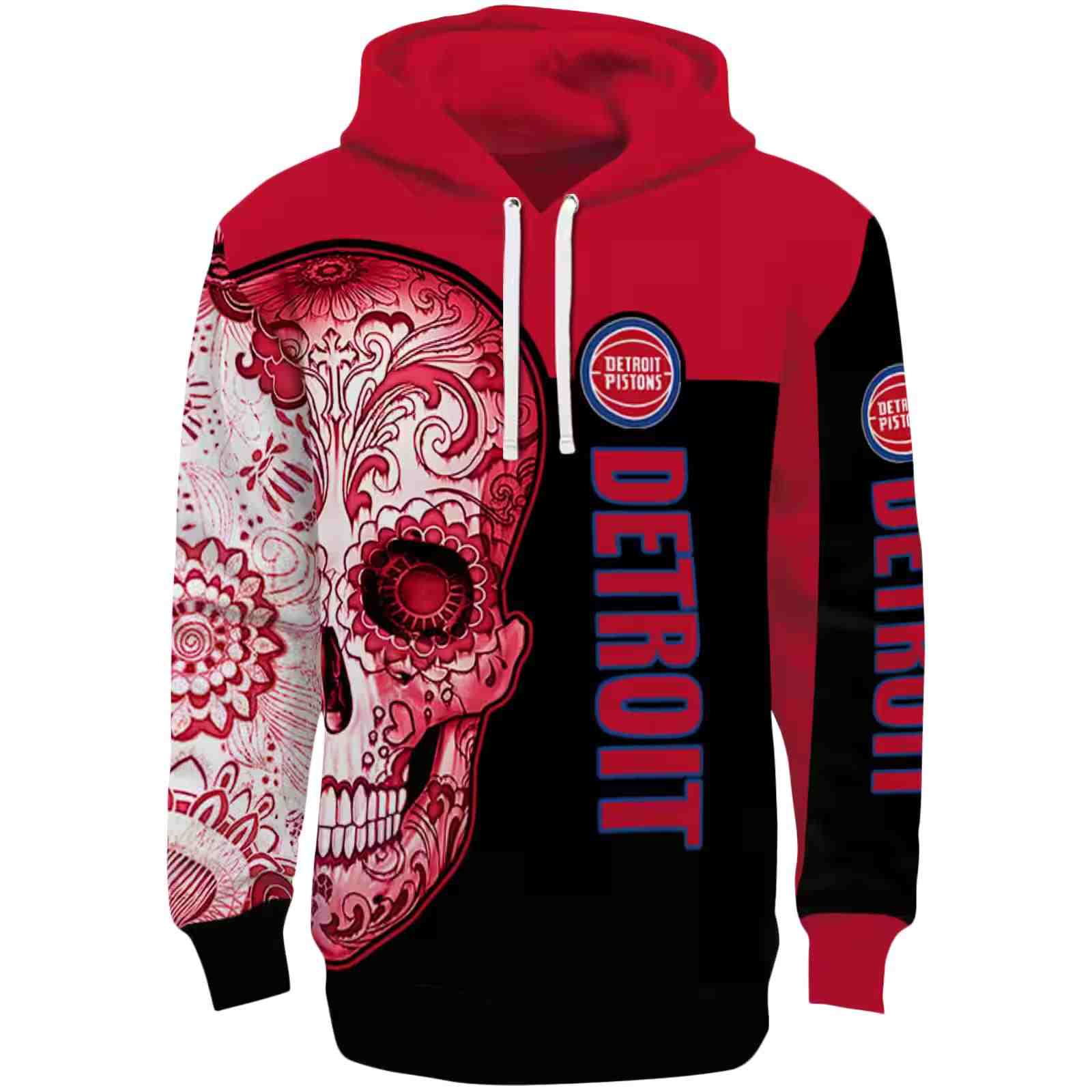 Detroit Pistons Sugar Skull Red Black Hoodie