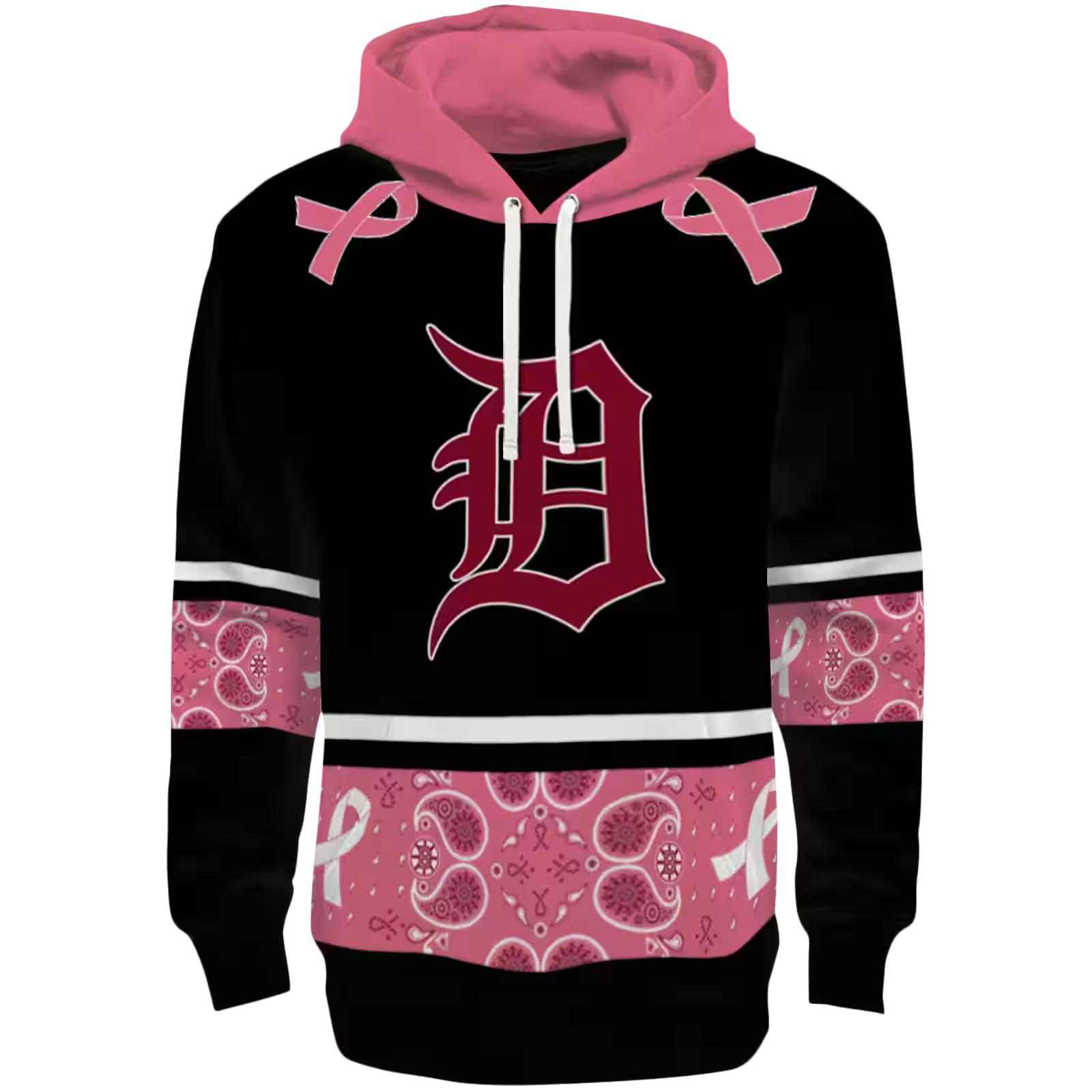 Detroit Tigers Awareness Ribbon Black Pink Hoodie