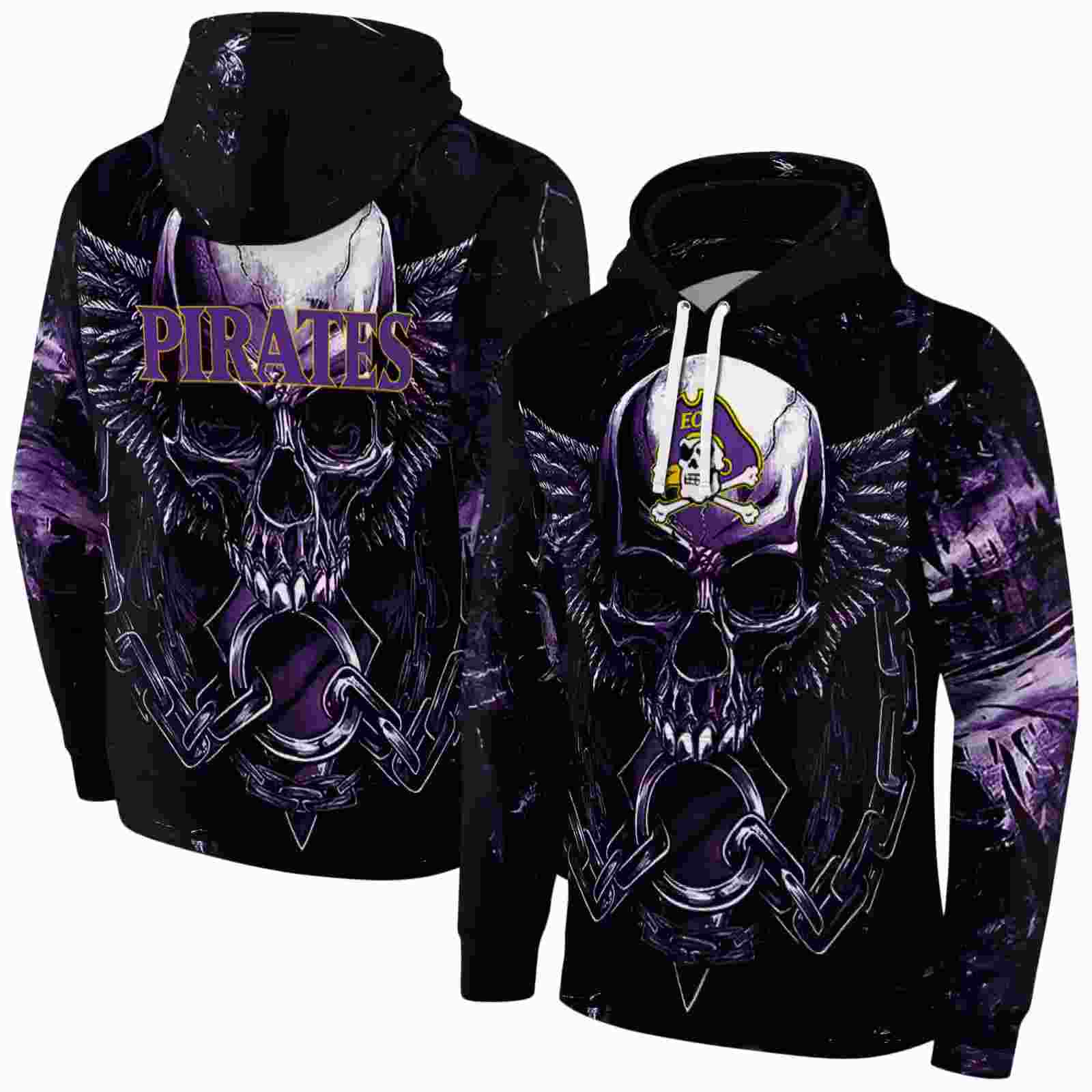 east carolina pirates skull artwork purple black hoodie fashion forward