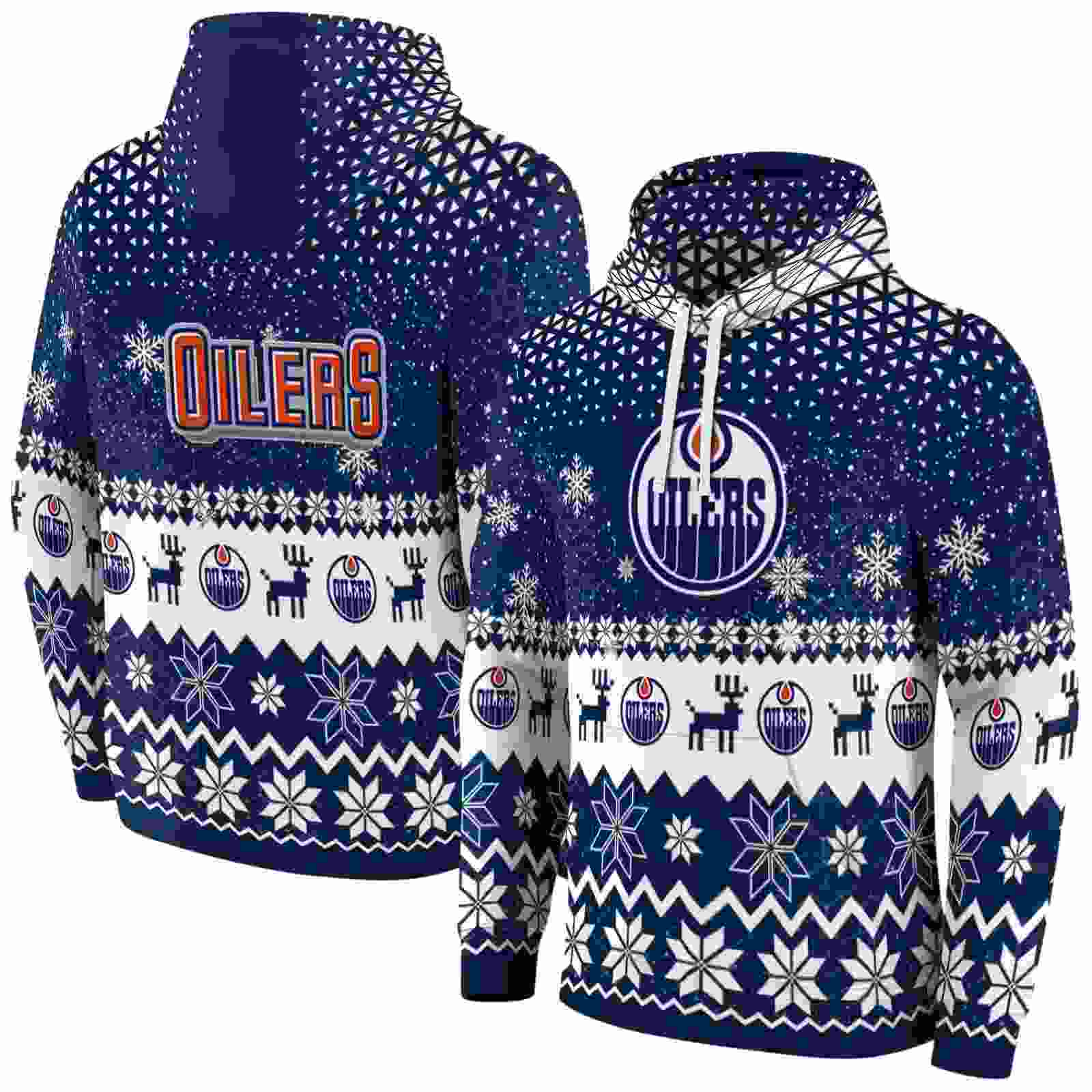 edmonton oilers reindeer motif blue hoodie fashion forward