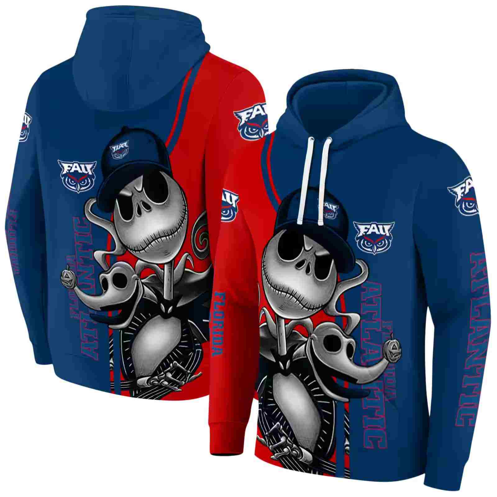 florida atlantic owls jack skellington blue hoodie fashion forward