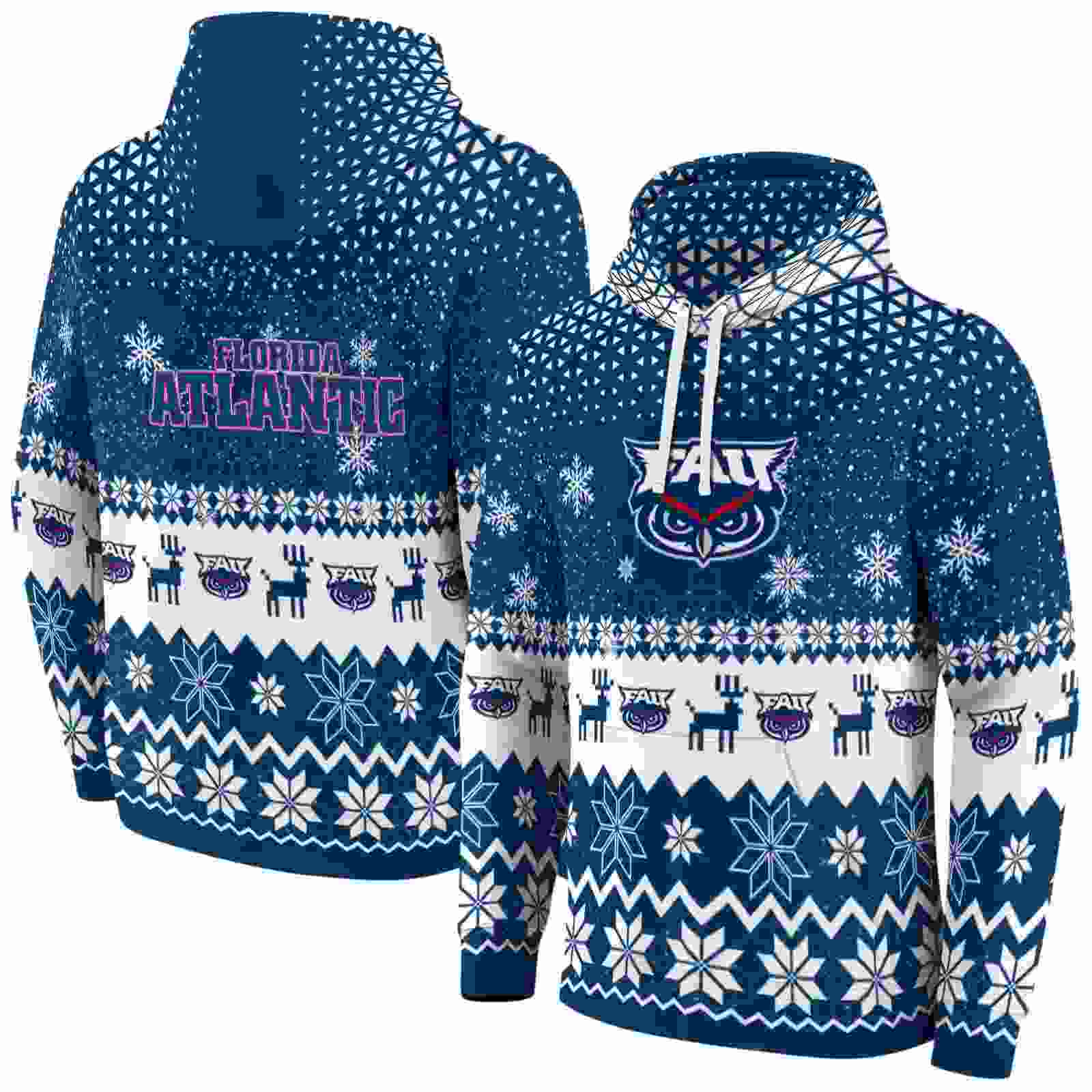 florida atlantic owls reindeer motif blue hoodie fashion forward