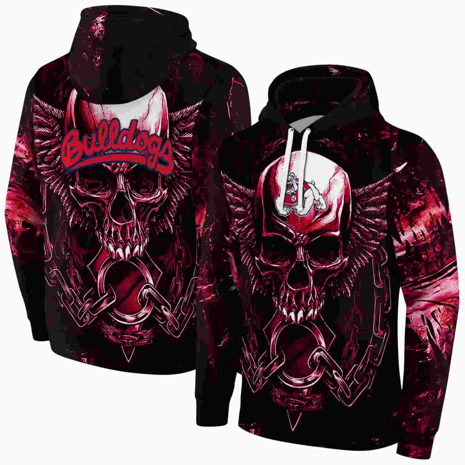 fresno state bulldogs skull artwork red black hoodie fashion forward