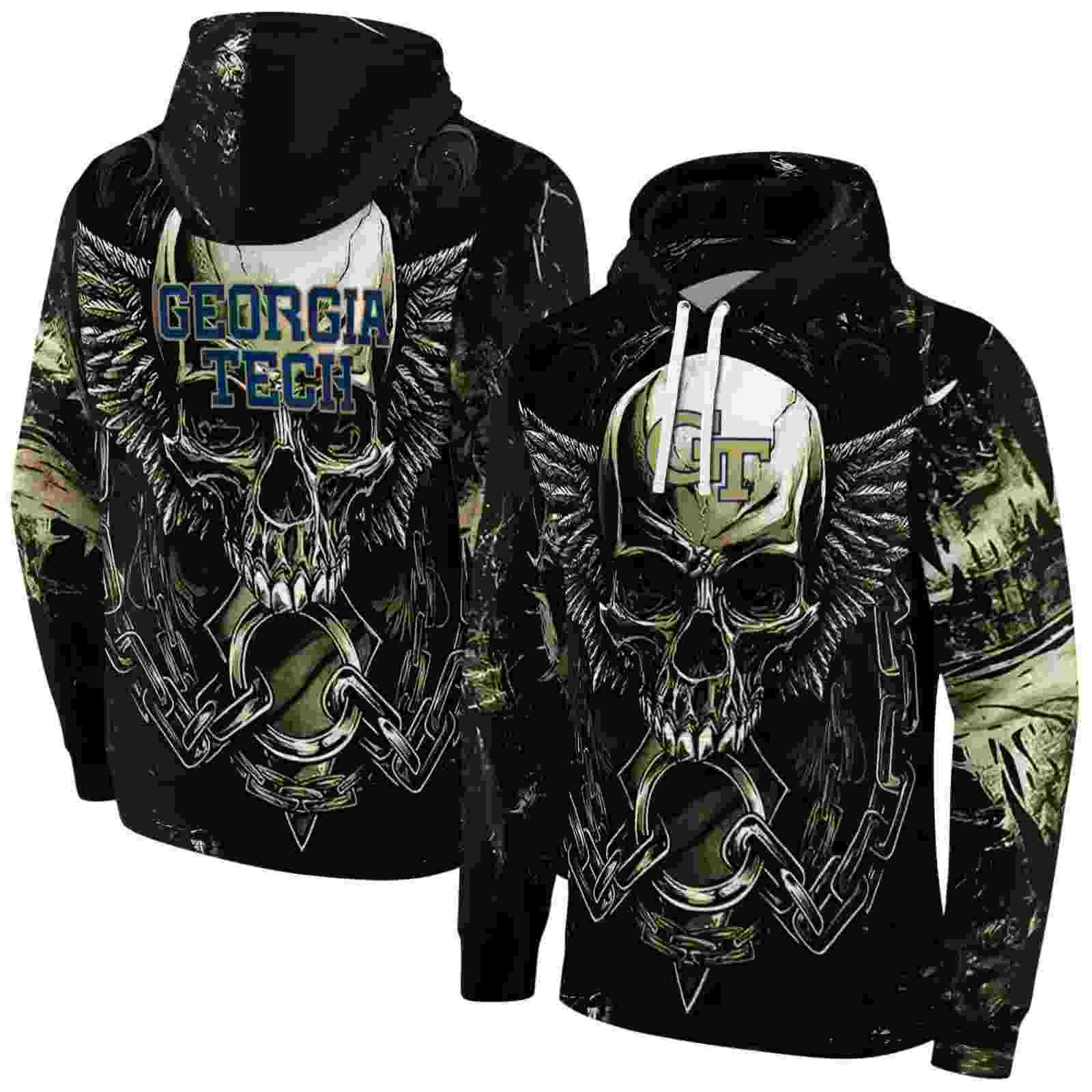 georgia tech yellow jackets skull artwork gold black hoodie fashion forward