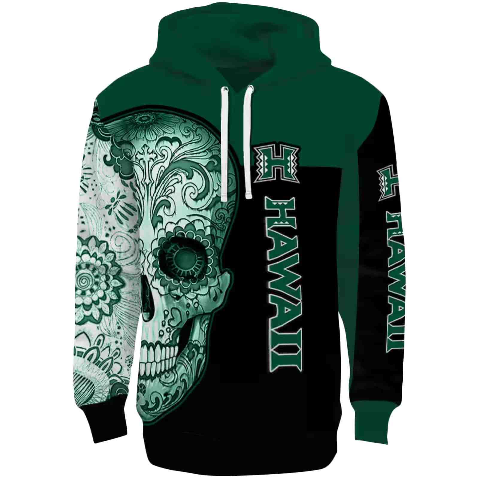 Hawaii Rainbow Warriors Sugar Skull Green Black Hoodie