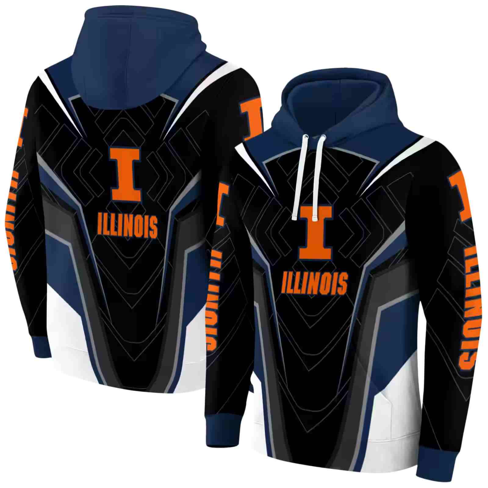 illinois fighting illini futuristic pattern blue black hoodie fashion forward