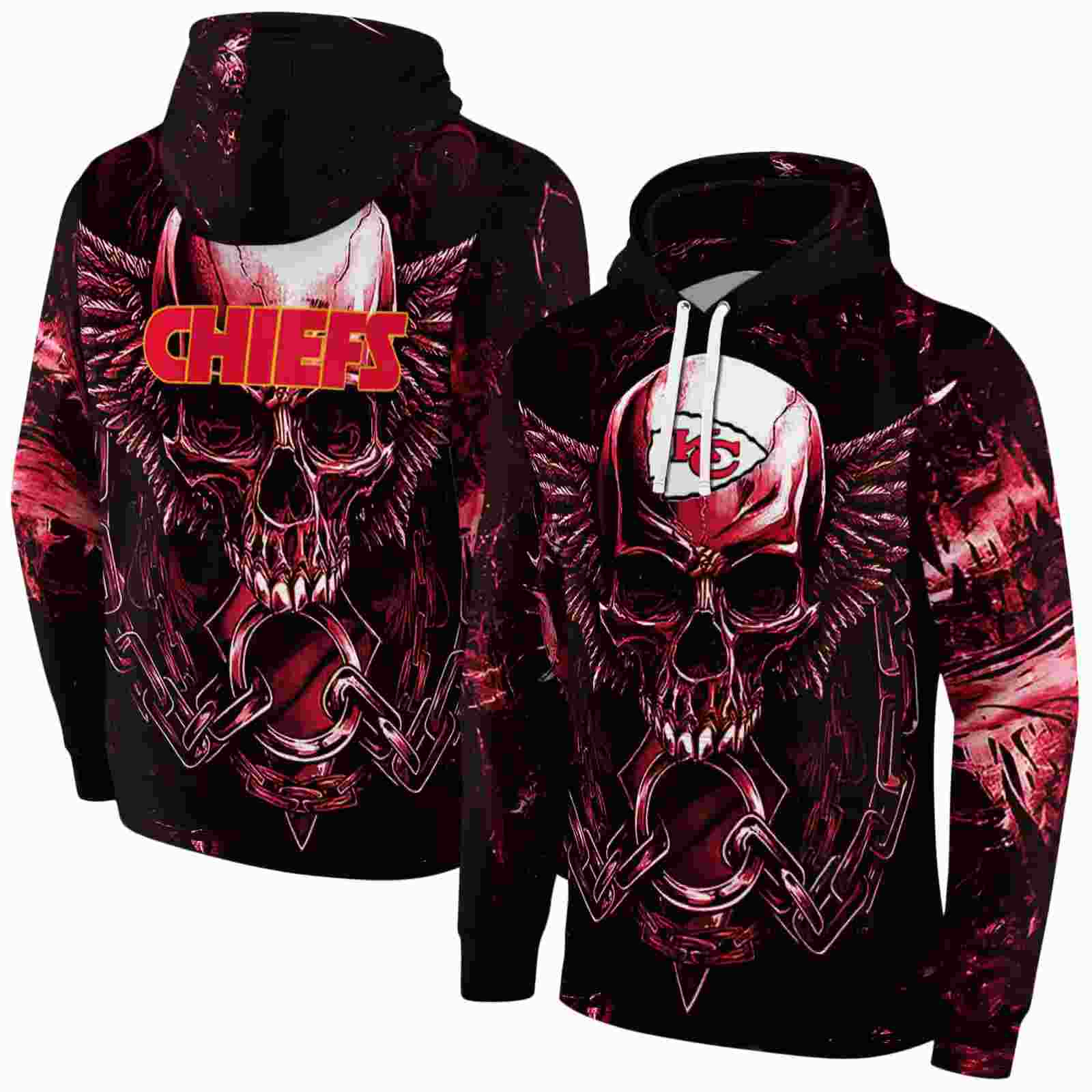 kansas city chiefs skull artwork red black hoodie fashion forward