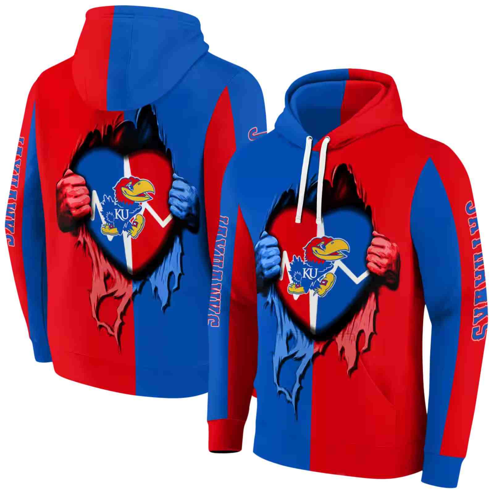 kansas jayhawks heartbeat graphic blue hoodie fashion forward