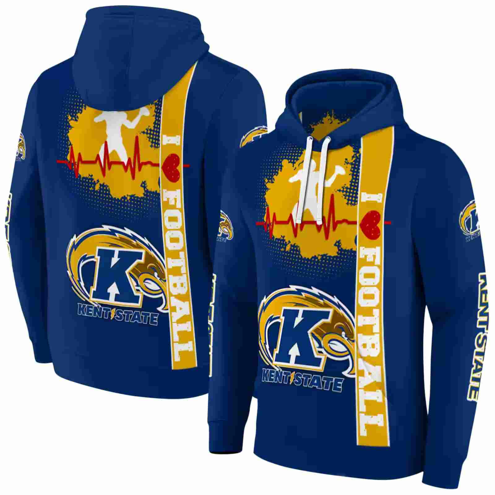 kent state golden flashes football heartbeat navy blue hoodie fashion forward