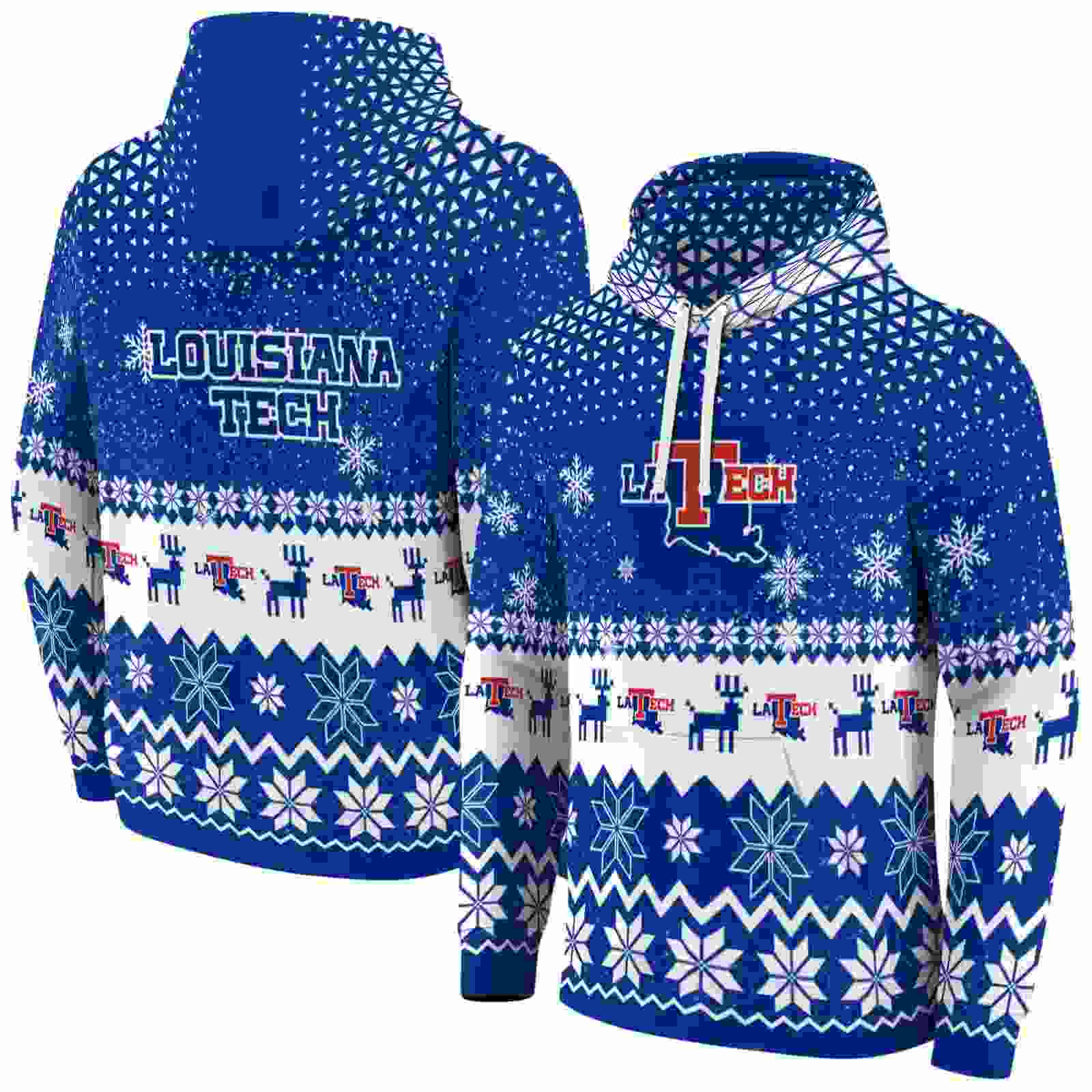 la tech reindeer motif blue hoodie fashion forward