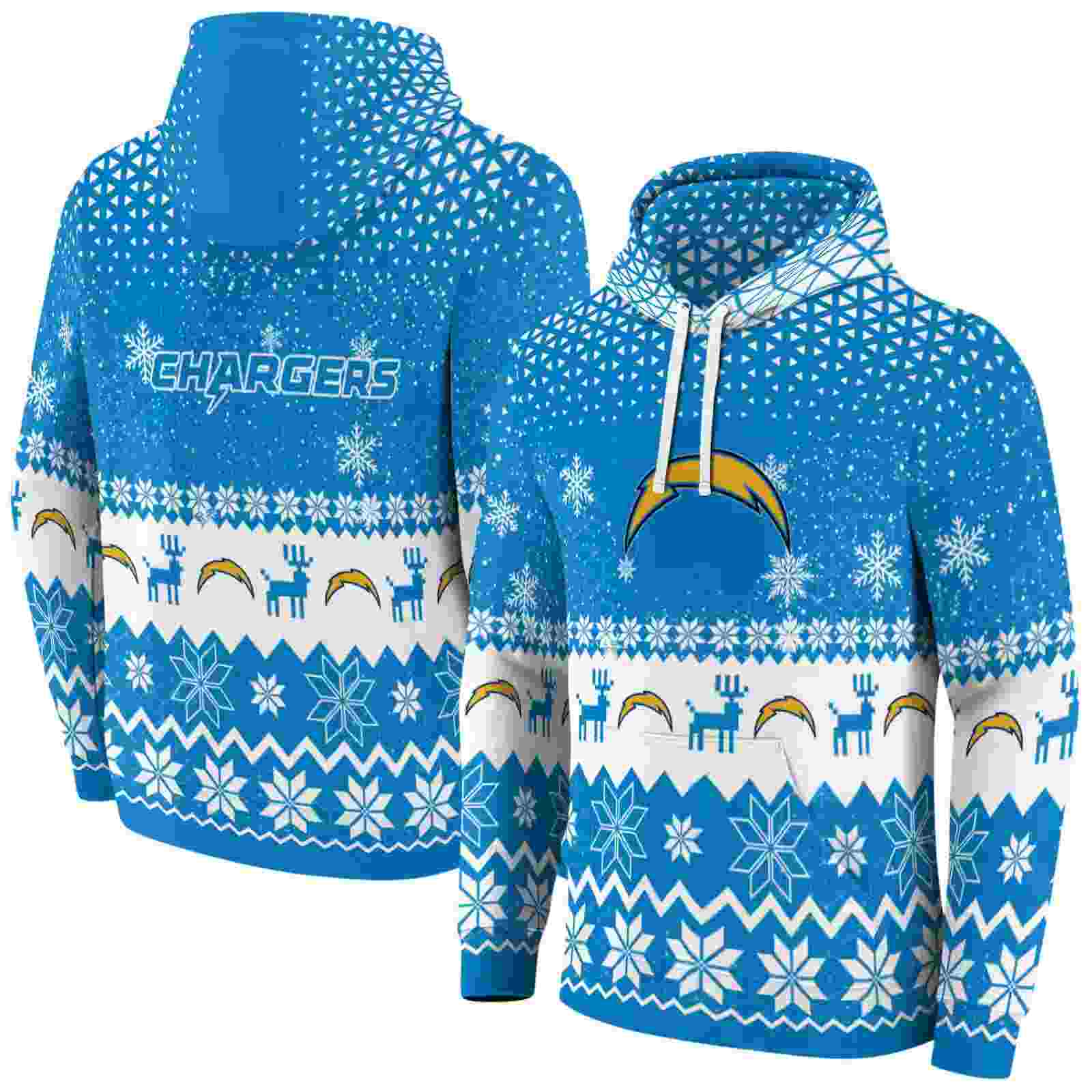 los angeles chargers reindeer motif blue hoodie fashion forward