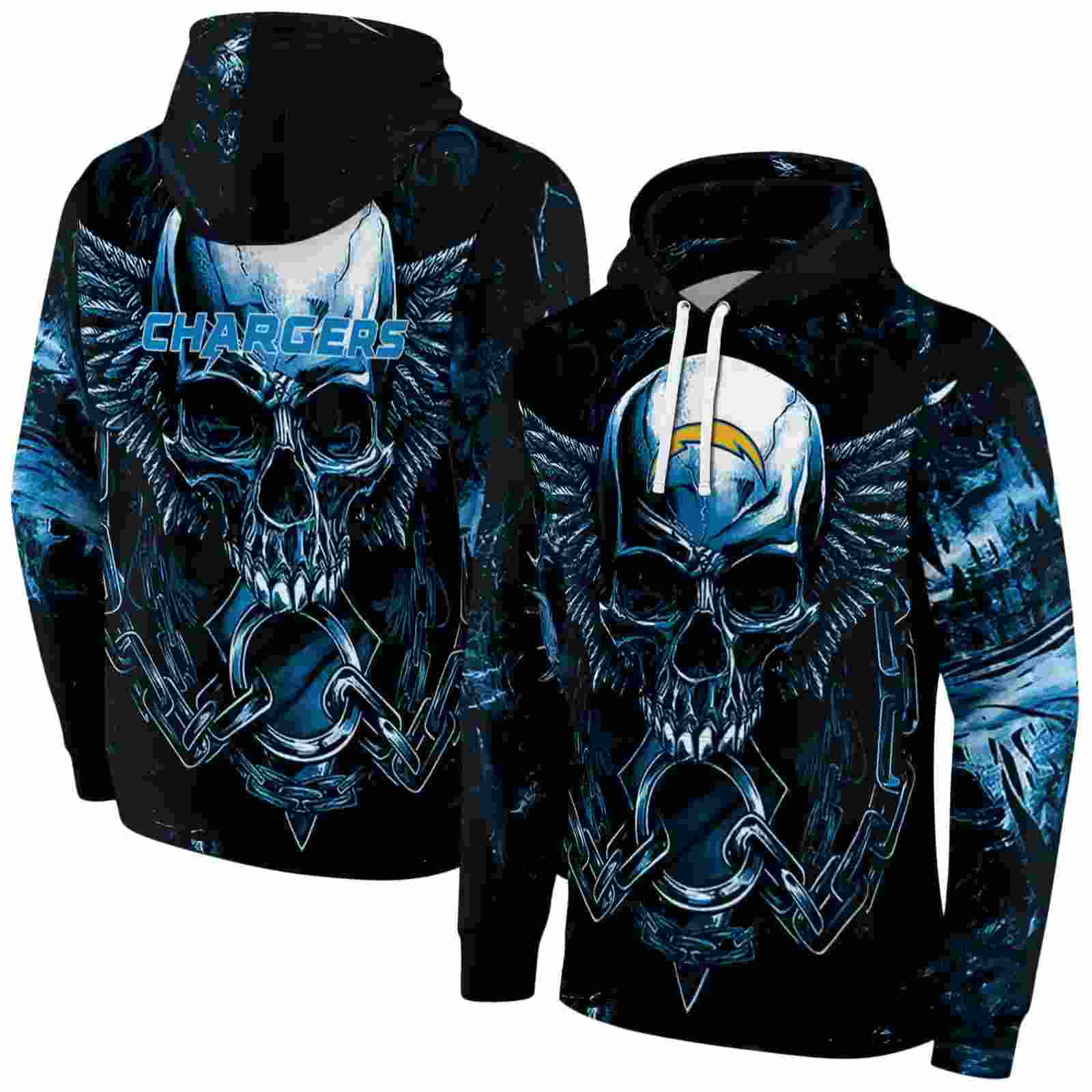 los angeles chargers skull artwork blue black hoodie fashion forward