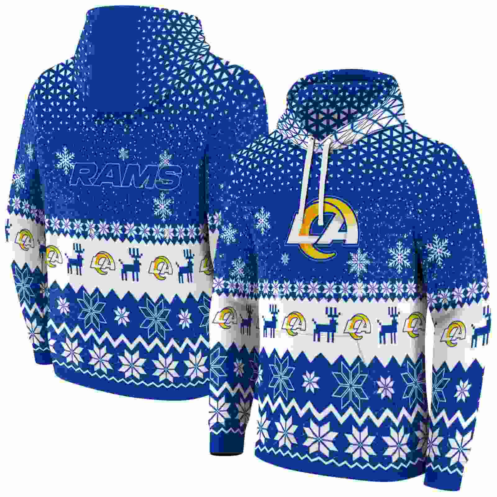 los angeles rams reindeer motif blue hoodie fashion forward