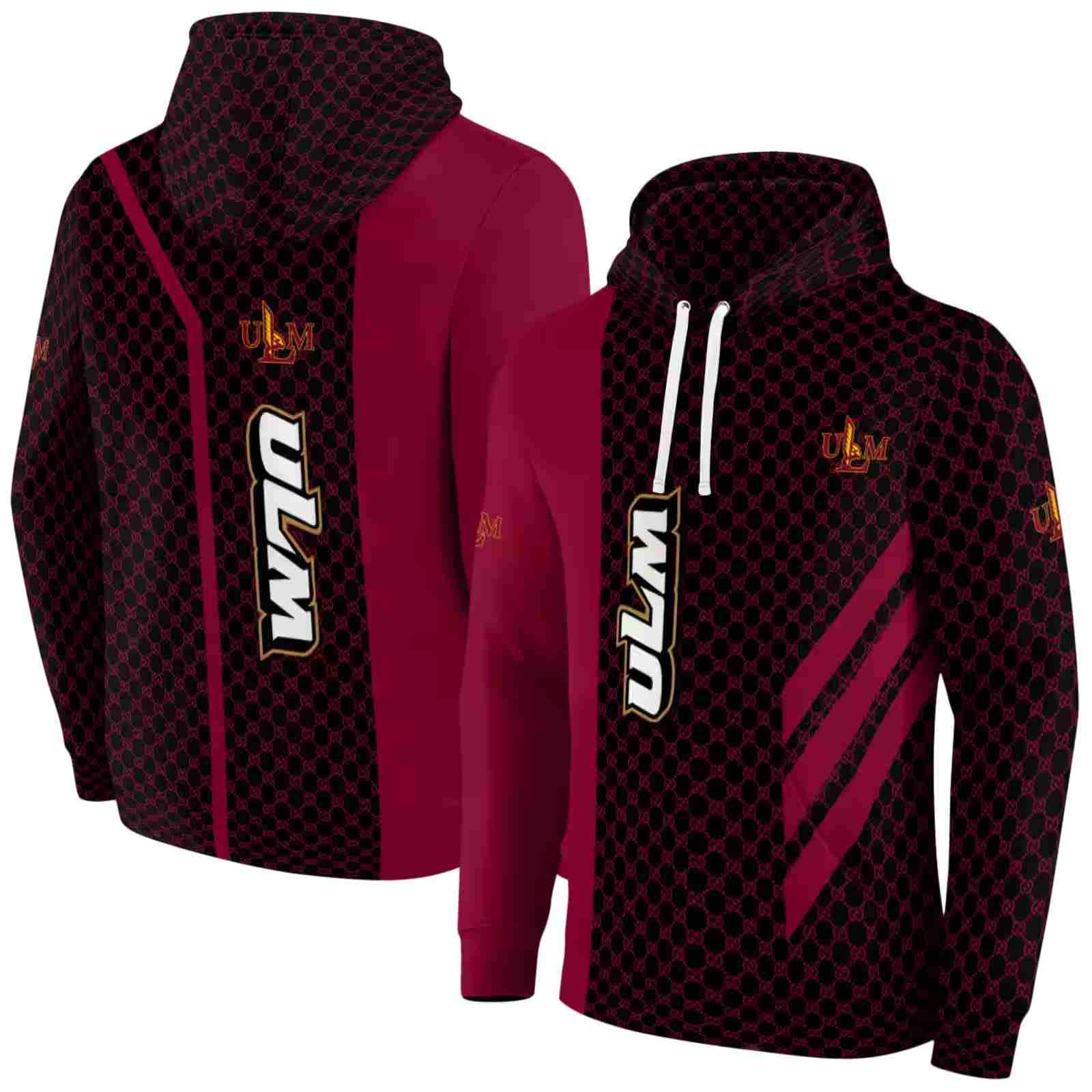 louisiana monroe warhawks monogram pattern red hoodie fashion forward
